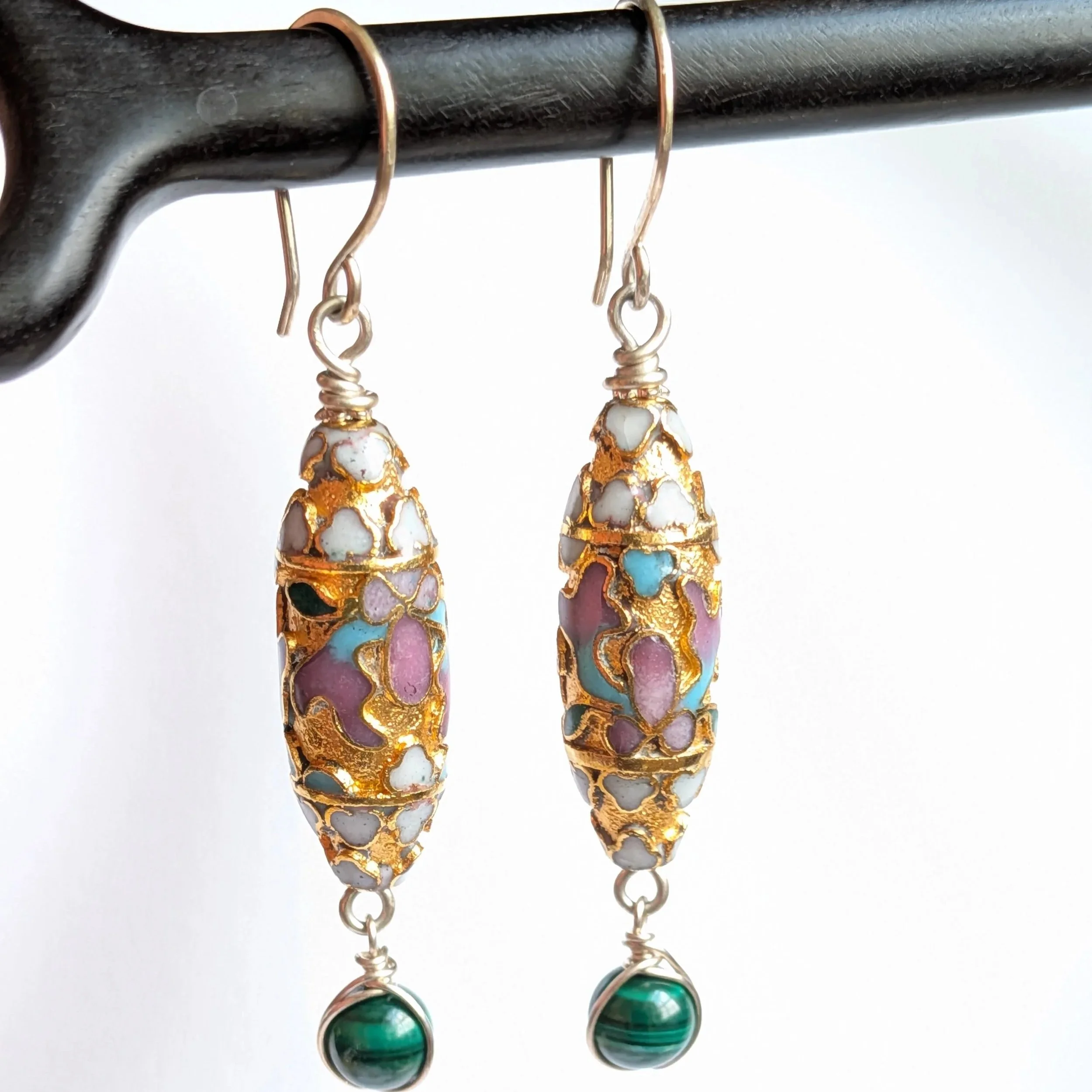 Authentic Vintage Cloisonné Earrings with Malachite Gems in Sterling Silver