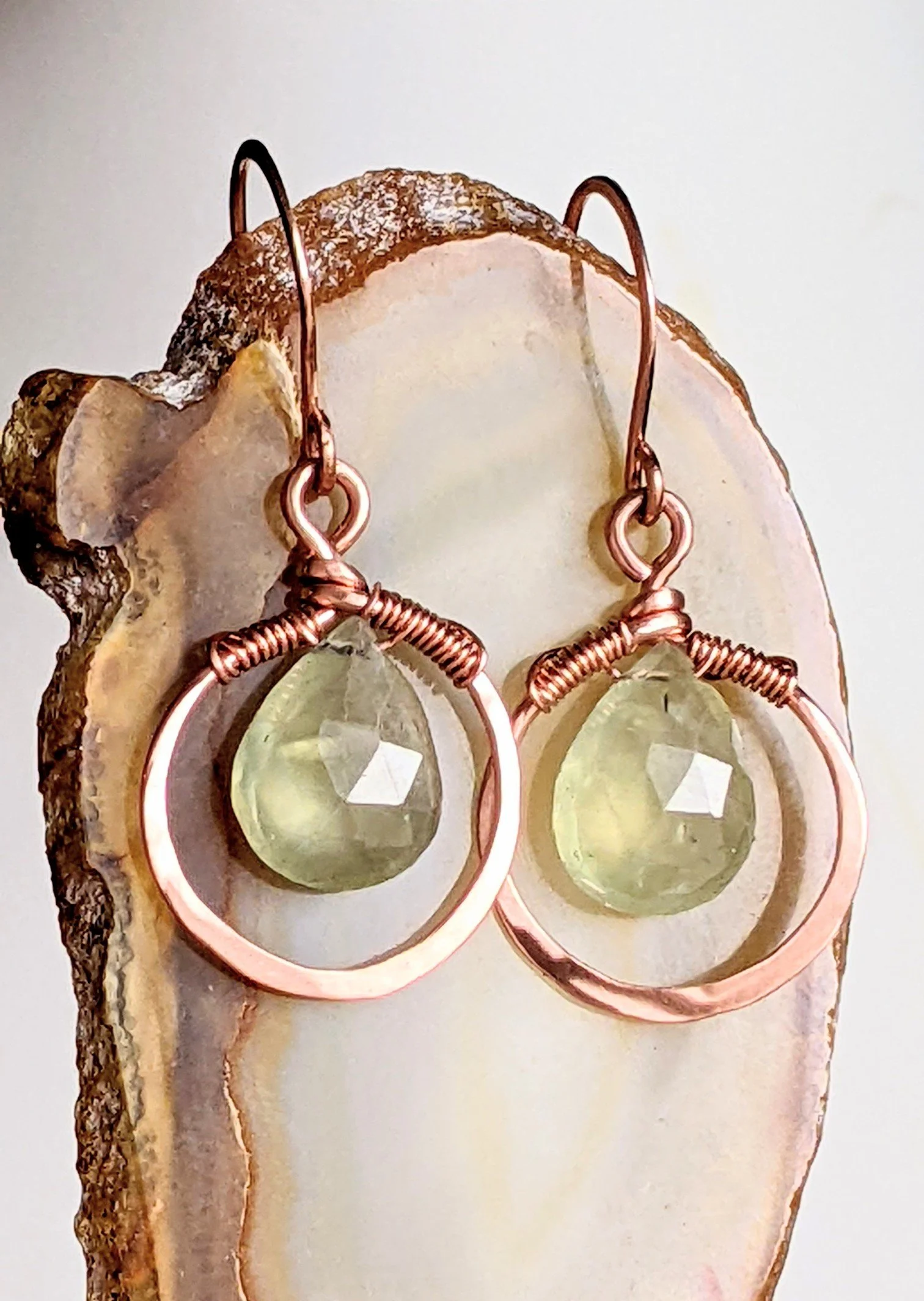 Hammered Copper Hoop Earrings with Faceted Prehnite Gemstone Drops