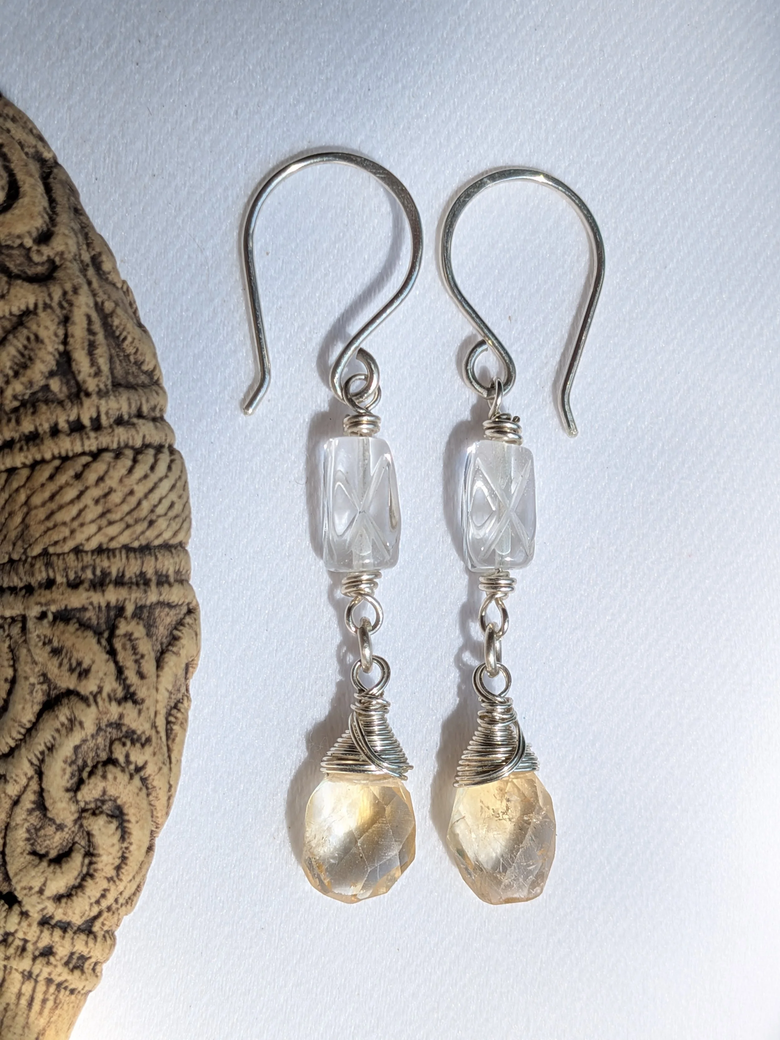 Sterling Silver Citrine Drop Earrings with Carved Clear Quartz Gemstones