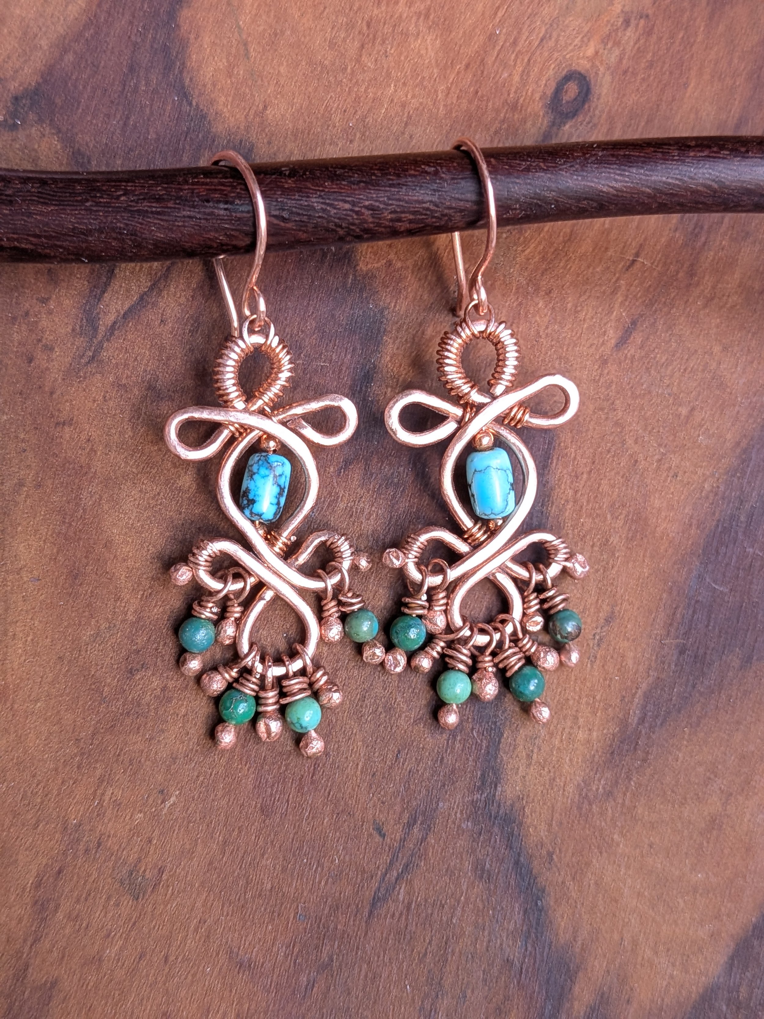 Copper Scrollwork Chandelier Earrings with Turquoise Gemstones