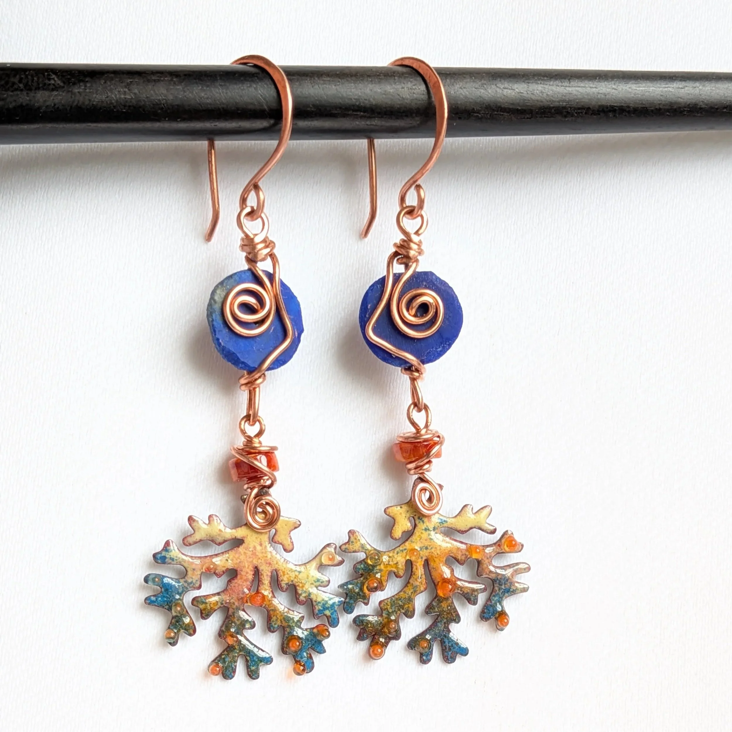 Colorful Coral Branch Earrings with Lapis Lazuli Disks