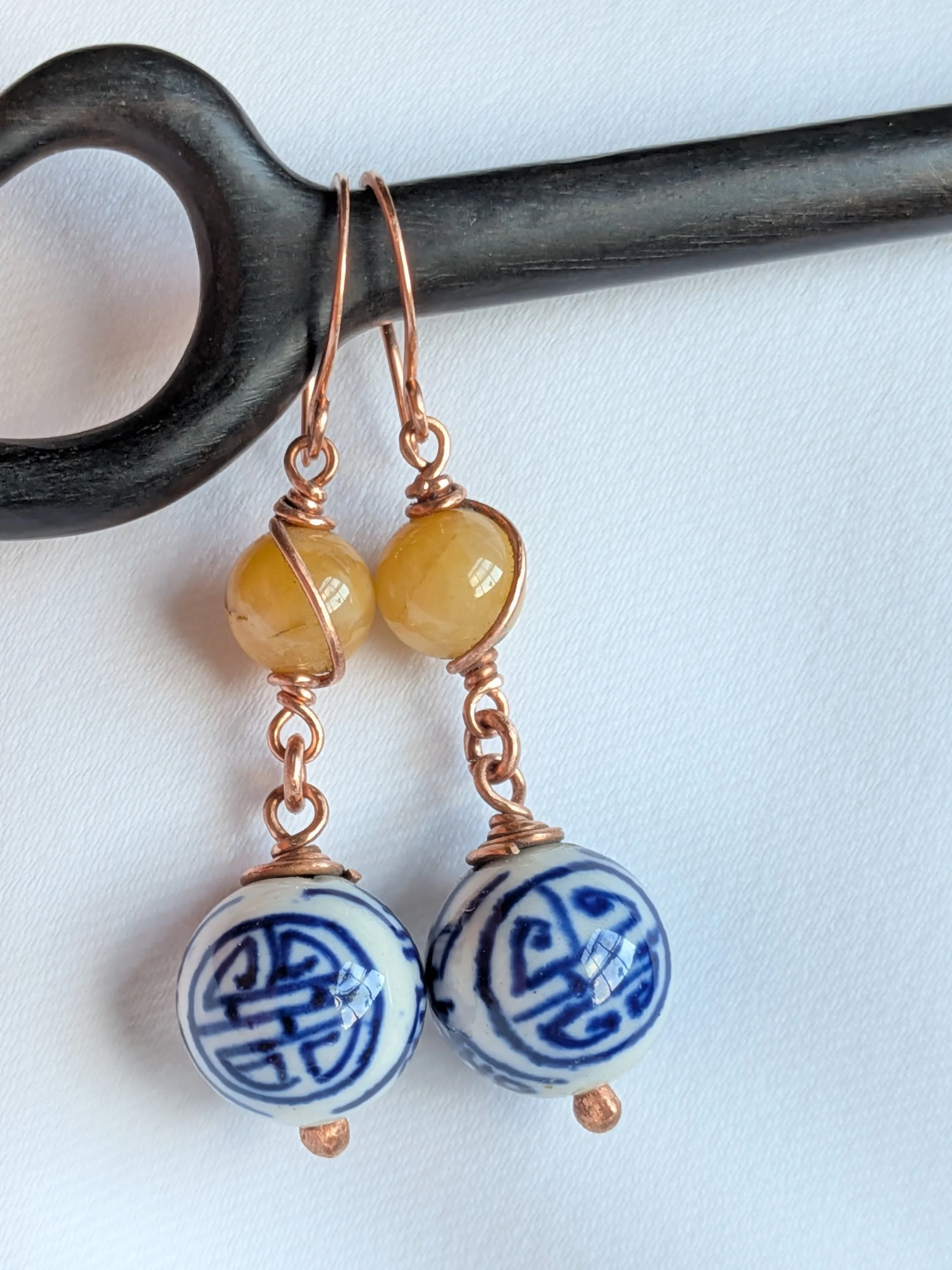 Colorful and Uplifting Jade Earrings with Vintage Chinese Porcelain Beads