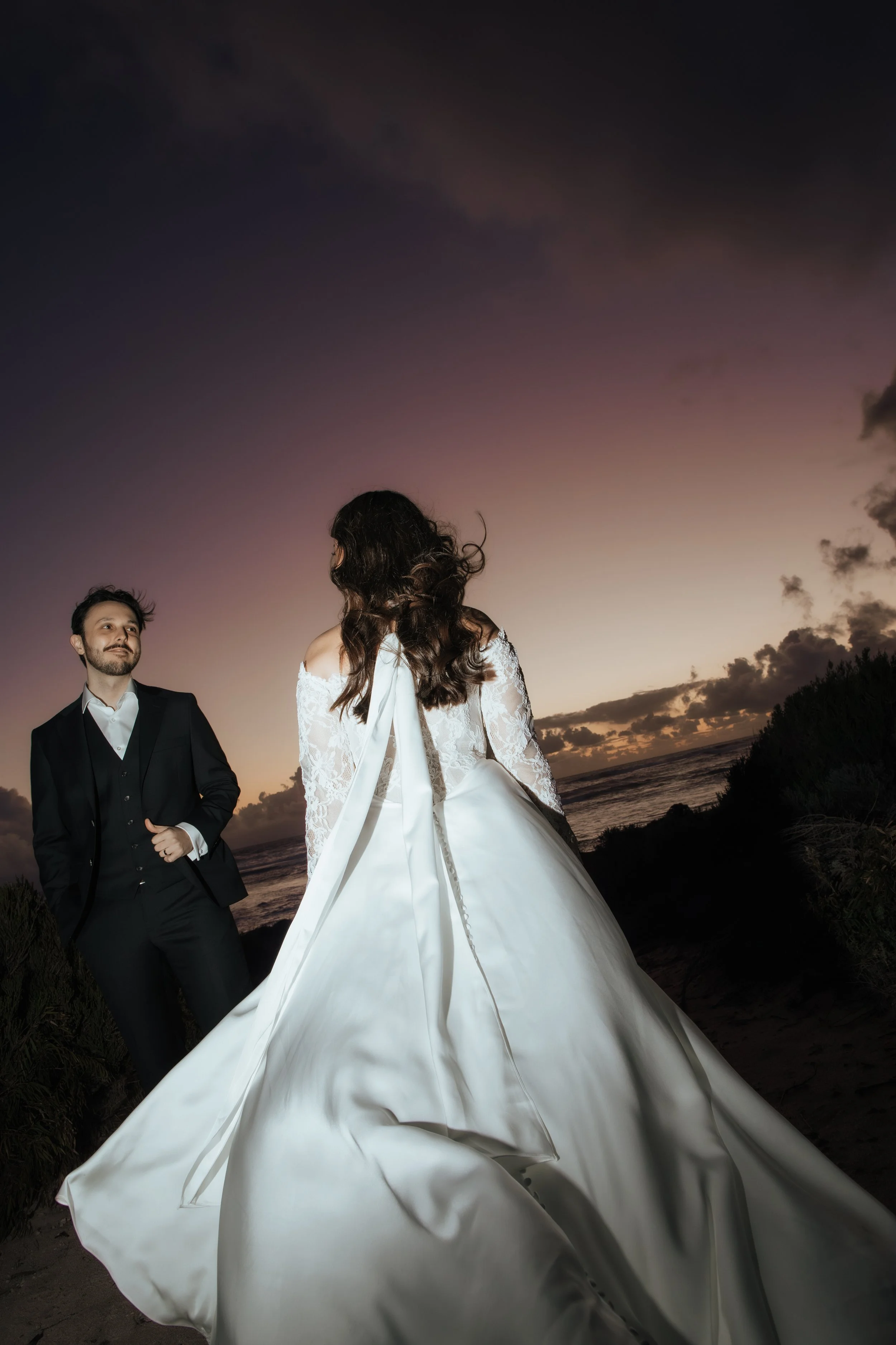 Sunset flash photography bride and groom Dunsborough beach 