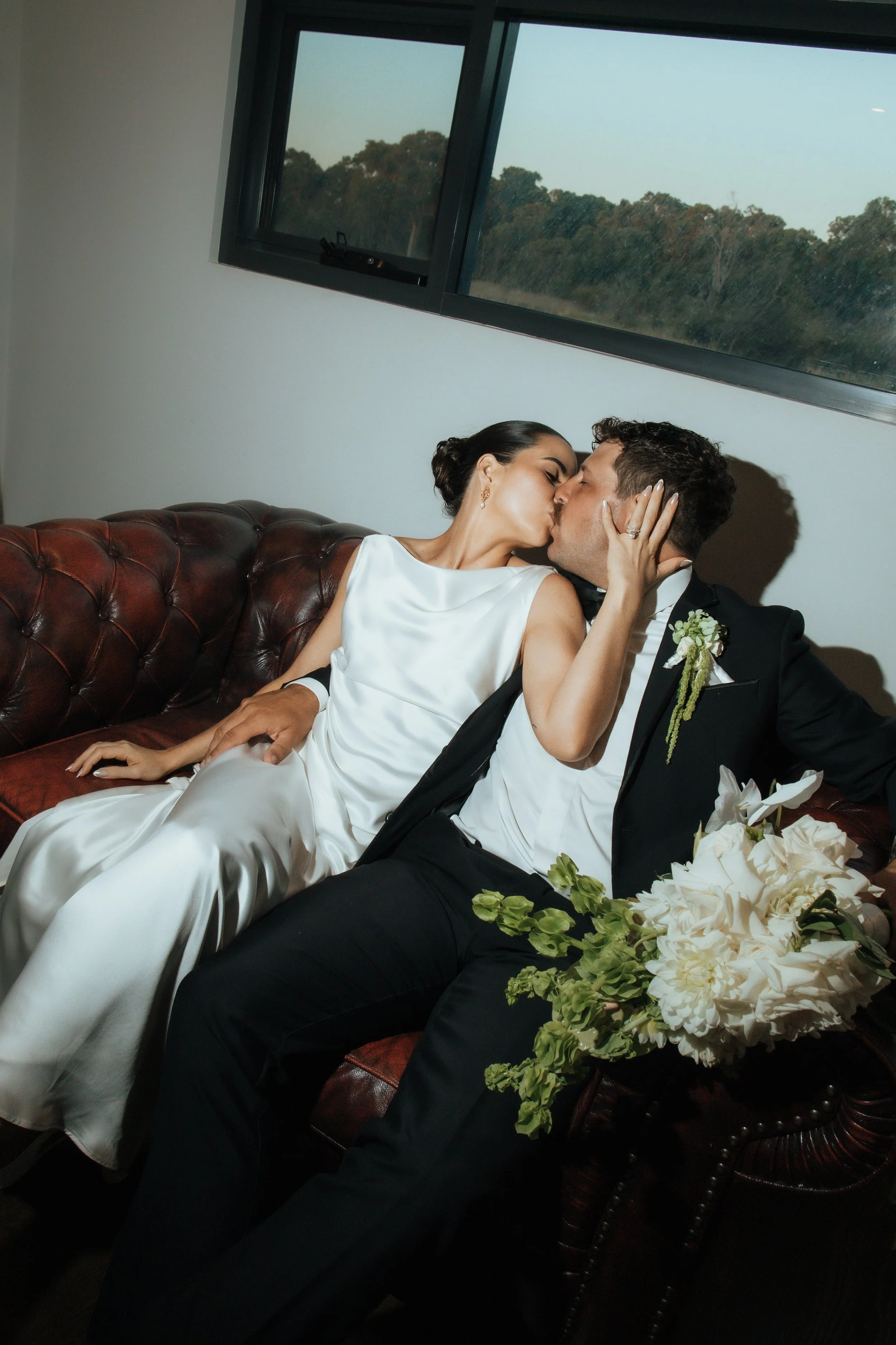 Flash photography of newly weds bride and groom in the bridal suite at tiller farm 