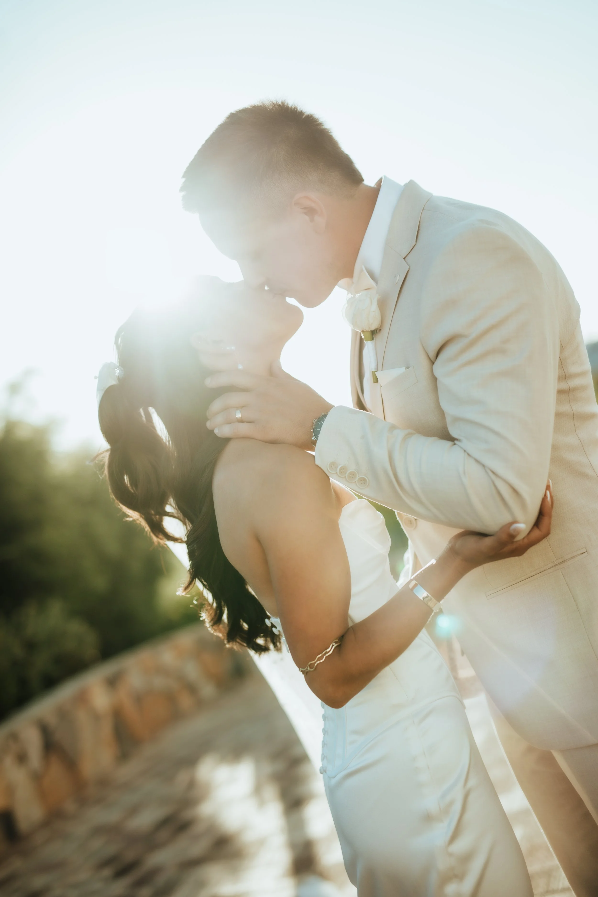Bride and groom in soft light photo style at Greek Church in Margaret River