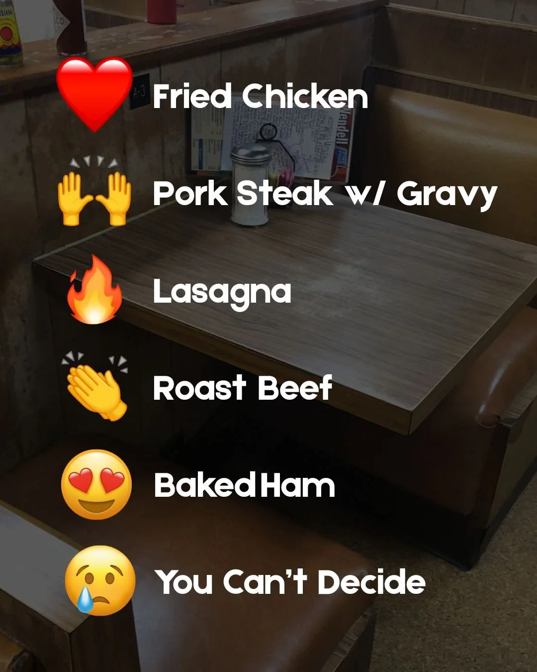 What will it be today? Select the icon to tell us!

#meatn3 #wendellsmithsrestaurant #foodie