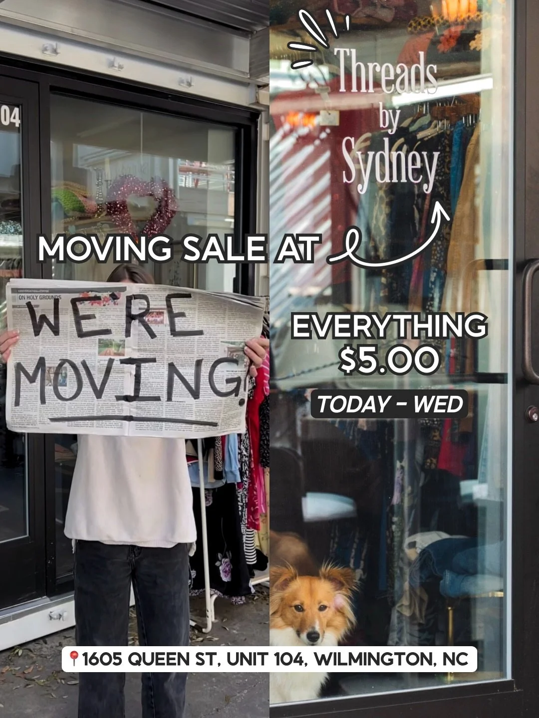 Have you heard the news? One of our fave vintage/thrift spots, @threads_by_sydney, is moving into a NEW space (we may or may not know where, stay tuned 👀)!!! 

To make room for new inventory, Anna is selling everything in-store for ONLY $5 from Mond