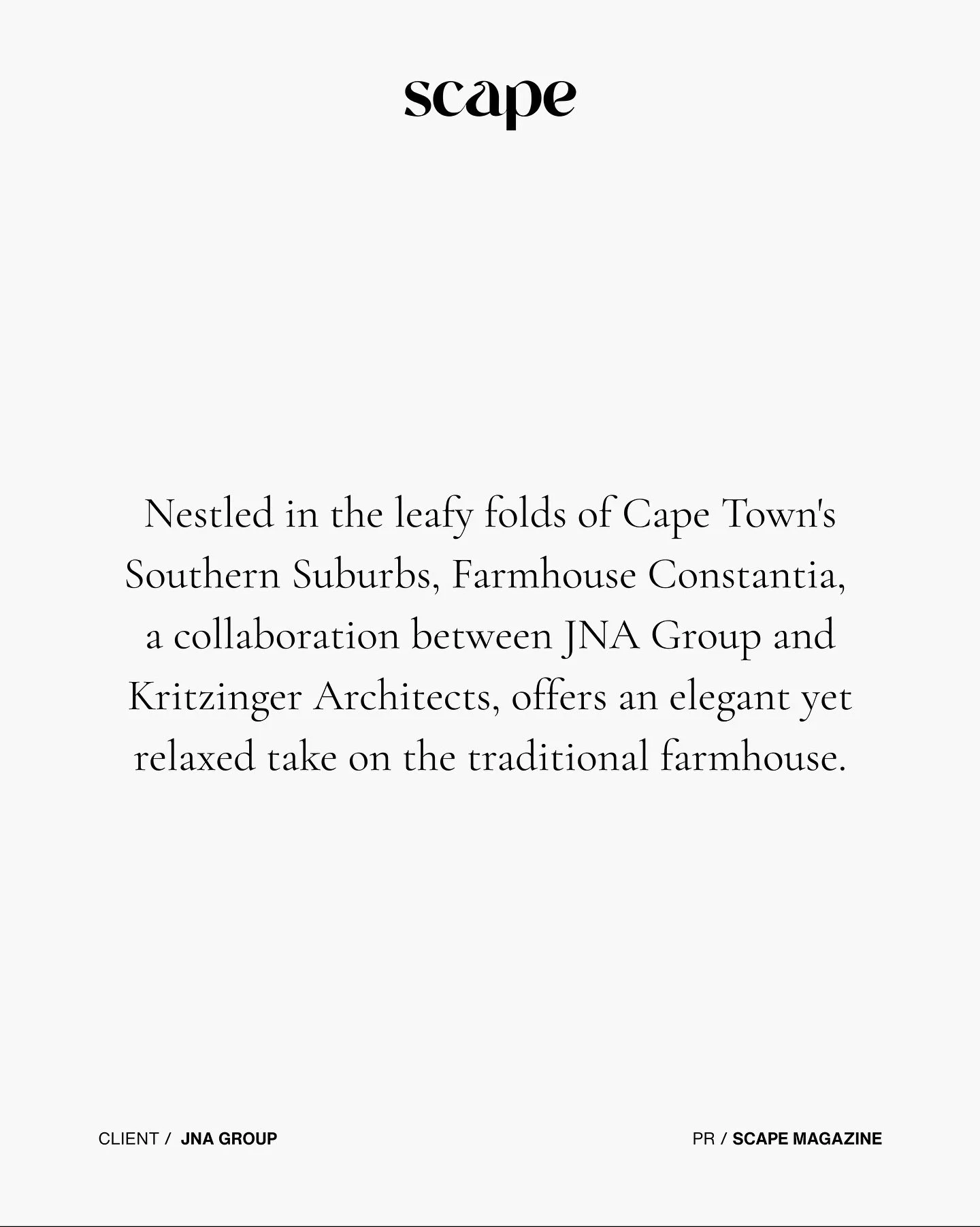 Our client @jna_group featured in the August Sustainability Issue of @scape_magazine. Read vol 119 via the link in bio.

Client: JNA Group
Service: PR

PROJECT CREDITS
Architecture: @kritzingerarchitects 
Construction: @jna_group 
Interior Design: @l