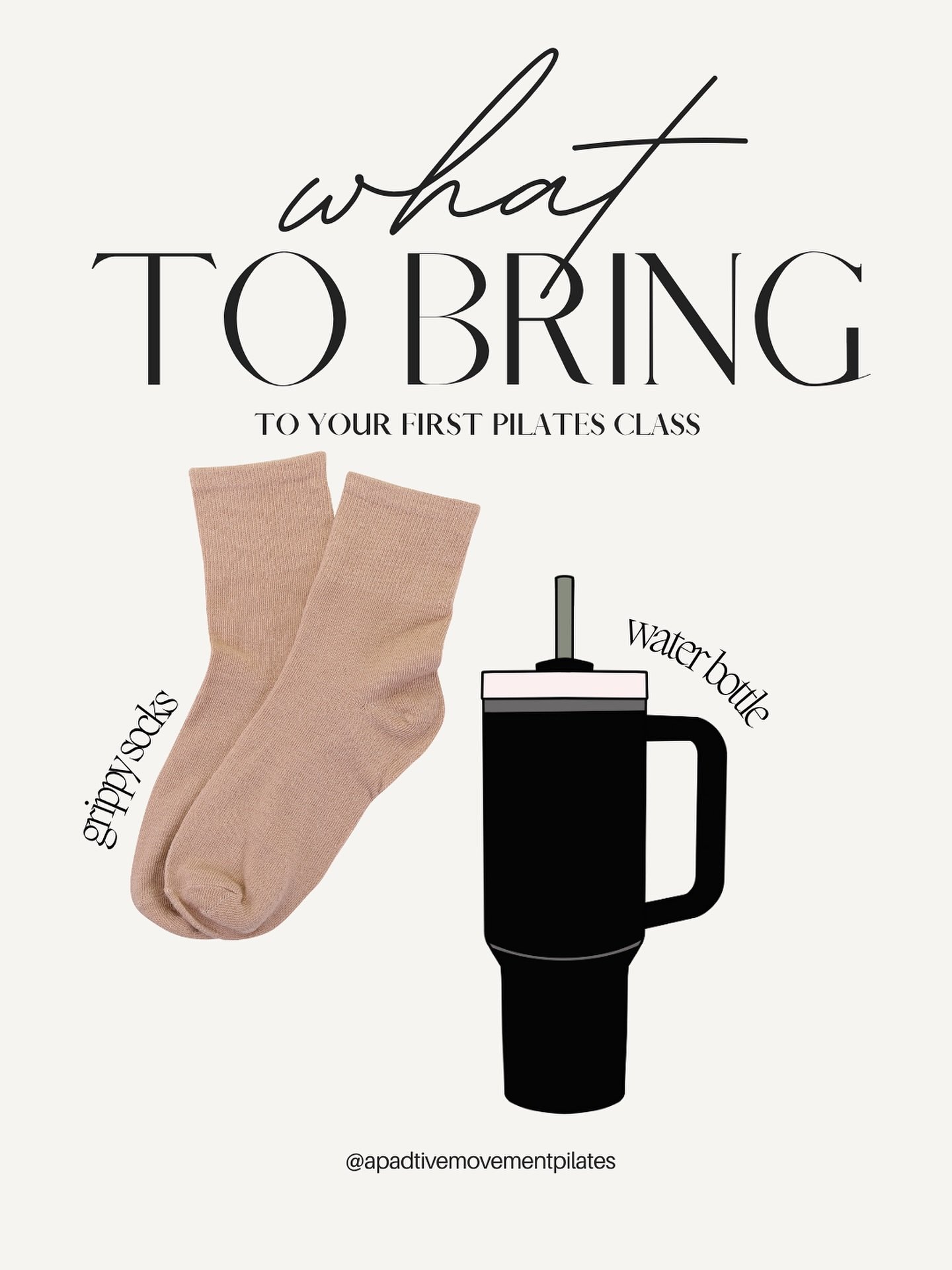 Coming to your first pilates class? Here&rsquo;s what to bring: 

✨Grippy socks (or you can purchase them in the studio).
✨A waterbottle.
✨A relaxed mindset (the next 45minutes is just for you)!

Can&rsquo;t wait for you to join our community! 

#ref