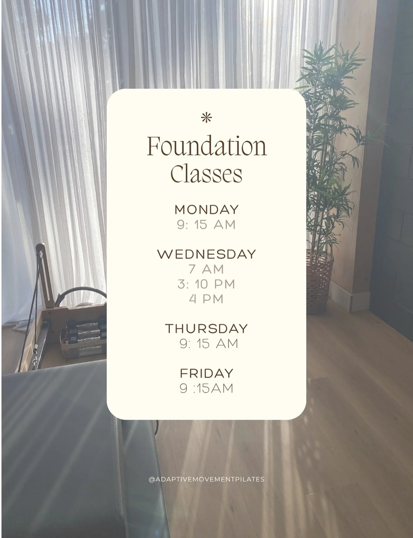 Foundation Classes✨

Essential for newcomers; we take it back to the fundamentals of Pilates. This class focuses on movement techniques, breath control, alignment, mobility, strength, flexibility, and balance. 

Suitable for all levels.