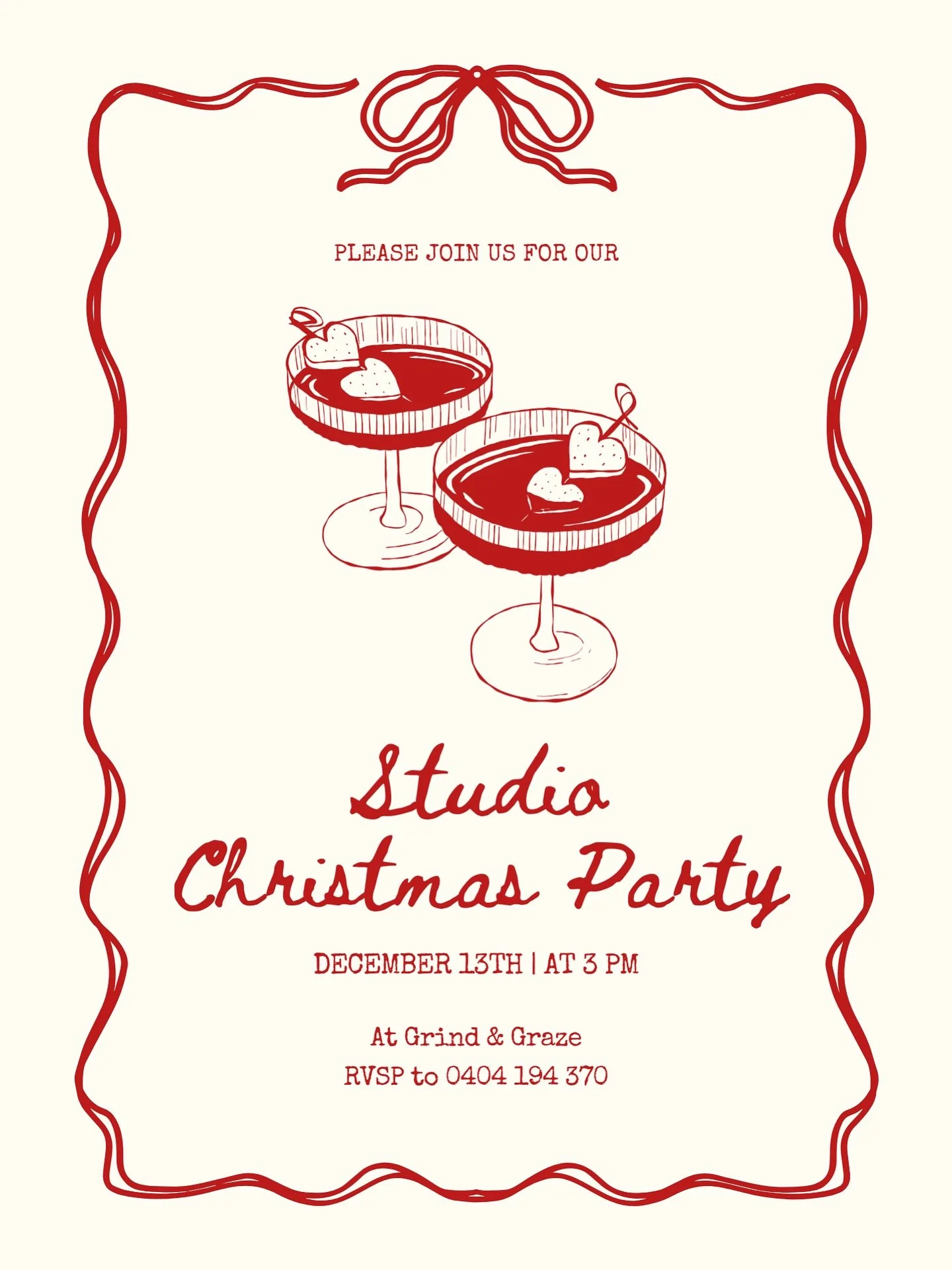 It&rsquo;s that time of year again! 🎅✨

Join us for our Studio Christmas Party at Grind &amp; Graze on December 13th at 3 PM 🍸

Let&rsquo;s wrap up the year with good food, great company, and plenty of laughs!

RSVP to 0404 194 370 ❤️