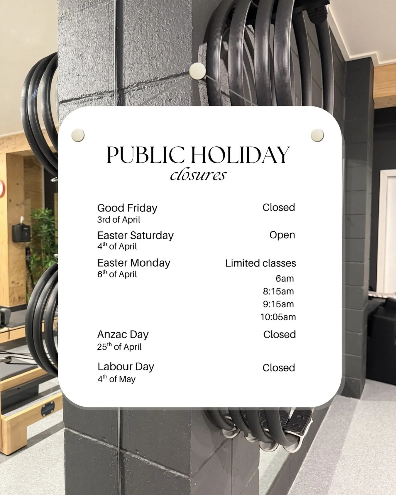 Upcoming studio closures ✨

Make sure you plan your sessions ahead around our public holiday closures &mdash; back as normal outside of these dates! See you in the studio! 🤍