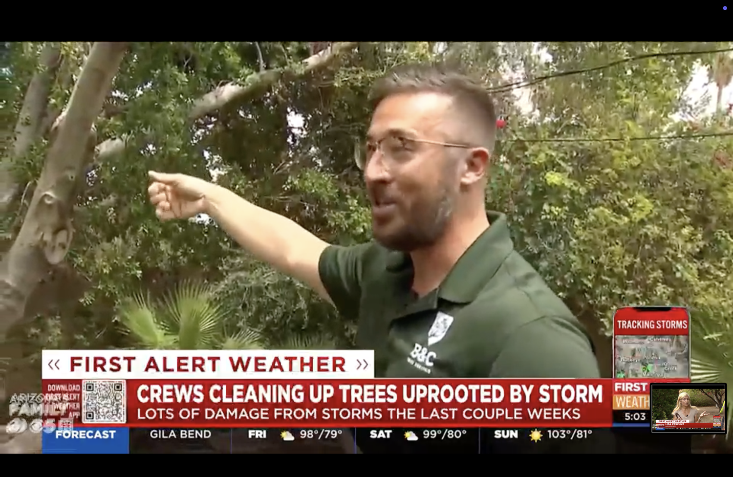 B&C owner Alex Carey discussing storm-damaged tree structure with AZFamily