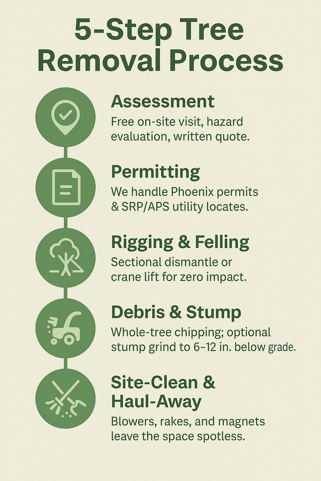A step-by-step guide on the five-step tree removal process with icons for each step. Step 1: Assessment with a checkmark icon; Step 2: Permitting with a document icon; Step 3: Rigging & Felling with a tree icon; Step 4: Debris & Stump with a stump grinder icon; Step 5: Site-Clean & Haul-Away with a broom icon.