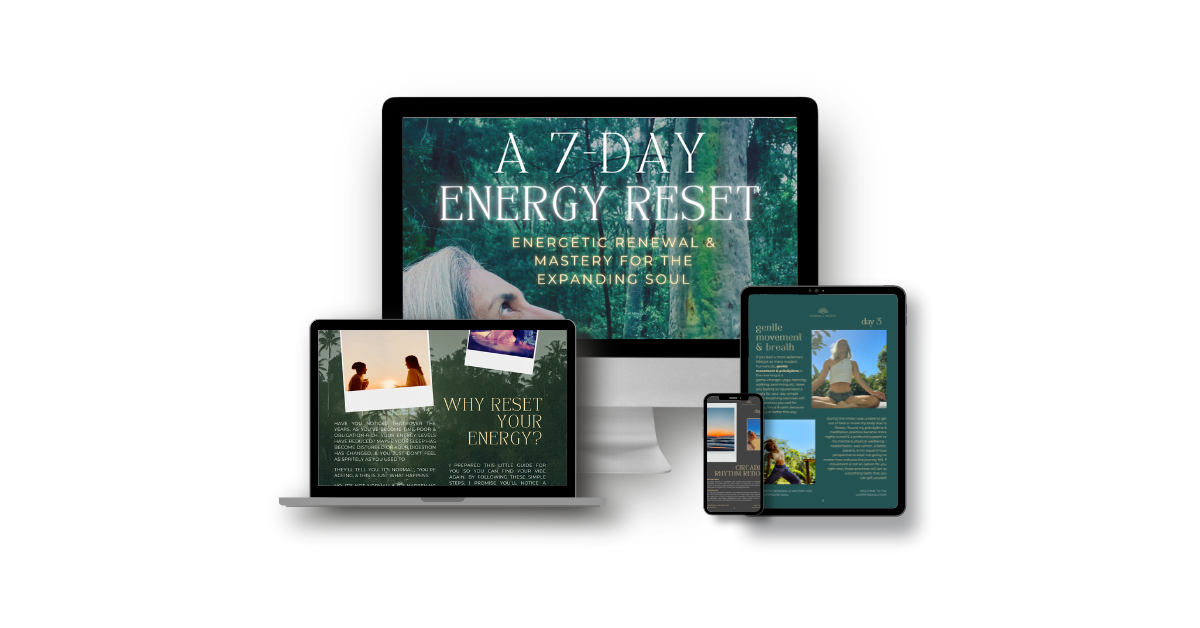 Multiple electronic devices displaying a week-long wellness program titled "A 7-Day Energy Reset," including a computer, tablet, and smartphones with related content about energy renewal, mindfulness, and relaxation.