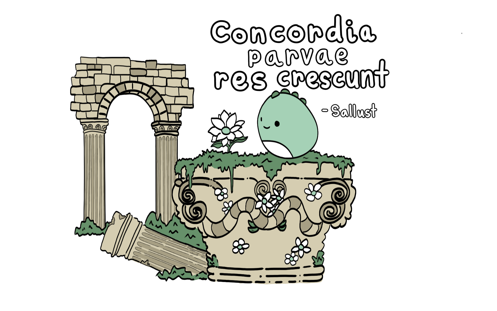 Cartoon illustration of ancient ruins with a stone archway and broken columns, surrounded by greenery and flowers, with a smiling green cartoon character sitting on a pedestal. Text on the image includes the words 'Concordia parvae res crescunt' and '- Sallust'.