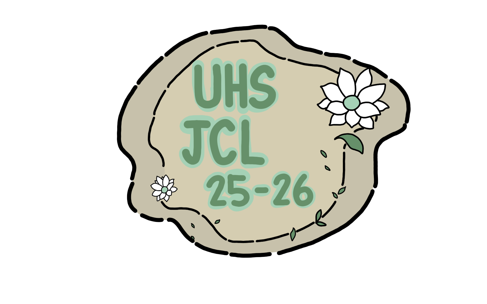 A digital illustration of a map marker resembling a rock with a floral pattern. Inside the marker are the text 'UHS JCL 25-26' in green, surrounded by two white flowers with green leaves.