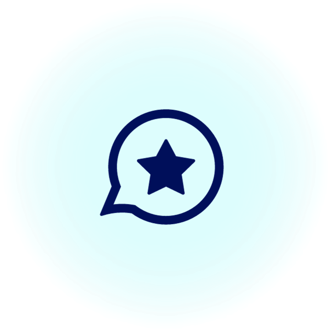 Icon of a speech bubble with a star inside on a light blue background.