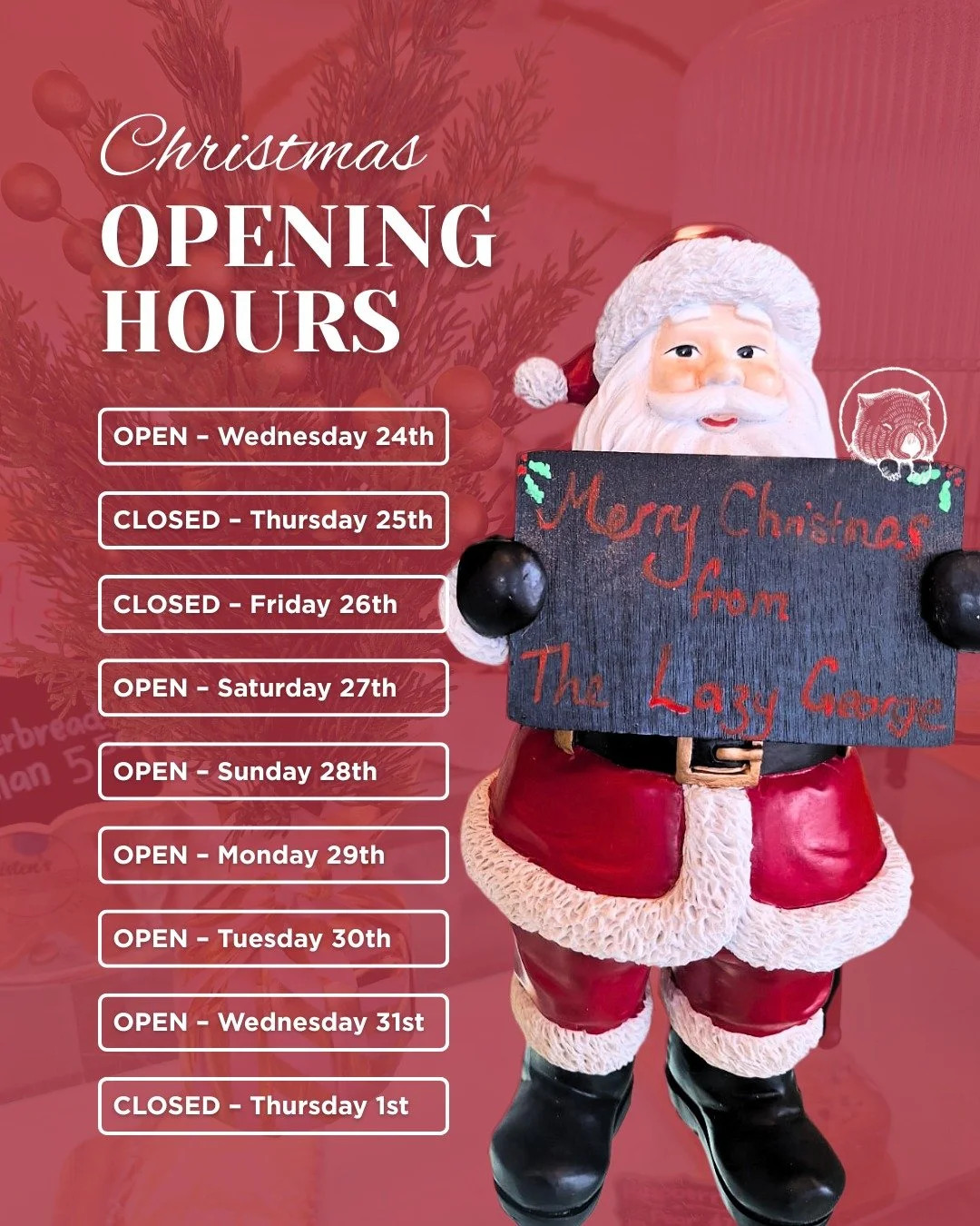🎄 Christmas Trading Hours 🎄

Heading past Marulan over the holidays or planning a local catch-up? Here&rsquo;s when we&rsquo;ll be open so you can plan your coffee stops ☕👇

✅ Open | 🚫 Closed

🚫  Thursday 25th December &ndash; Christmas Day
🚫  