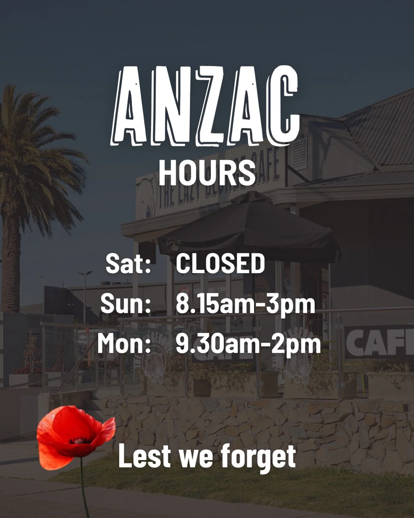 This ANZAC weekend, we pause to remember ❤️🌺 

Our adjusted hours:

Saturday: Closed 
Sunday: 8:15am &ndash; 3pm 
Monday: 9:30am &ndash; 2pm 

Join us for a quiet coffee, a bite to eat, and a moment to reflect. 

Lest we forget.