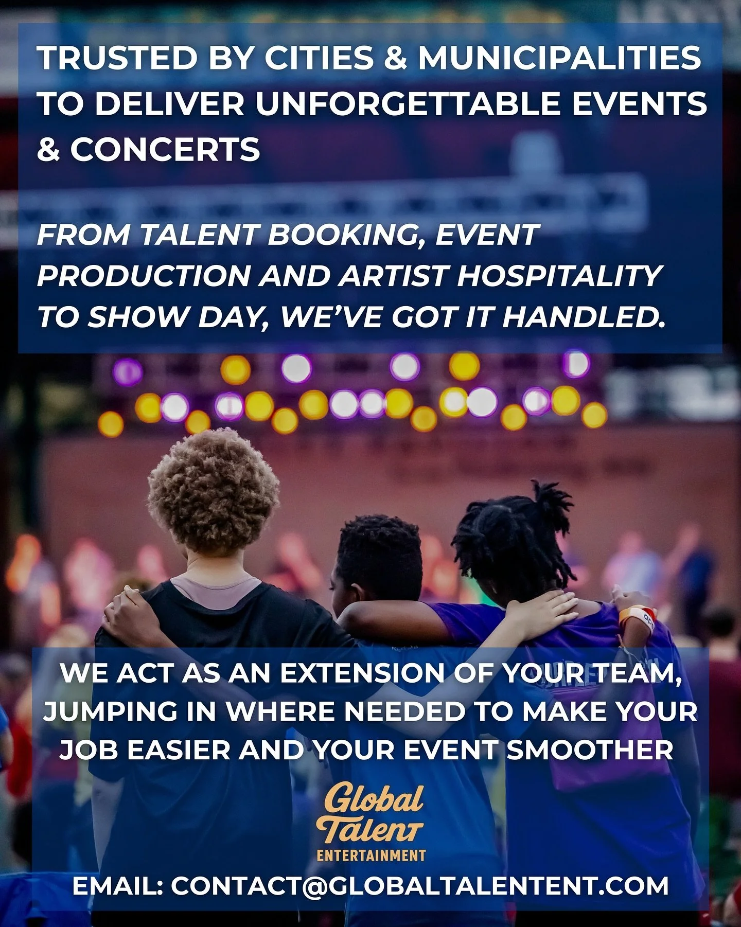 Putting on concerts and events for the community takes a lot of work. That is where we come in.

From booking the right artists to making sure every detail runs smoothly on show day, we take care of it all so your team can focus on what matters most&