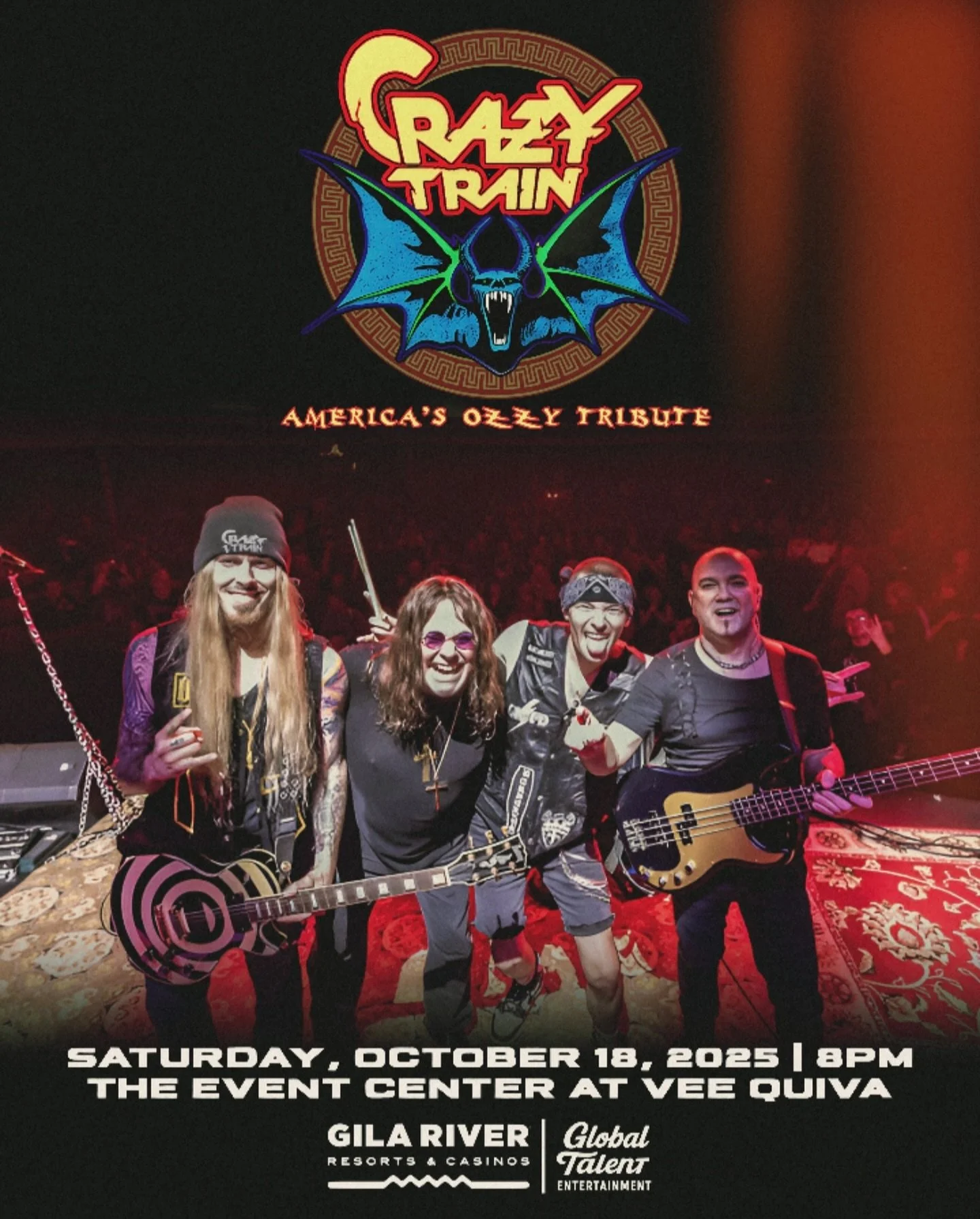 Crazy Train The Ozzy Experience is coming to the Event Center at Vee Quiva on Saturday, October 18 at 8 PM.
@crazytrainozzyexperience 
@playatgila 

Experience the sound and spirit of Ozzy Osbourne with a live show that captures his most iconic songs