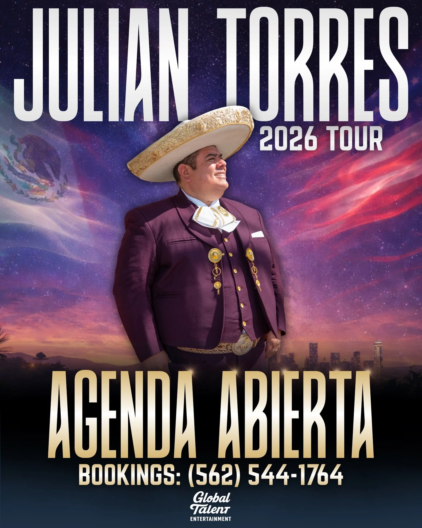Julian Torres is available for select 2026 dates. A strong fit for festivals, city concerts, casinos, and performing arts centers, with multiple show formats available.

Programming options include his core mariachi show, holiday presentations, and a