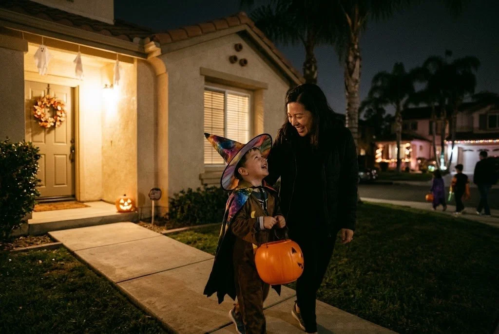 a mom enjoying halloween with her son.  she is trying her hardest to keep the magic even though she is also worried about so many things.