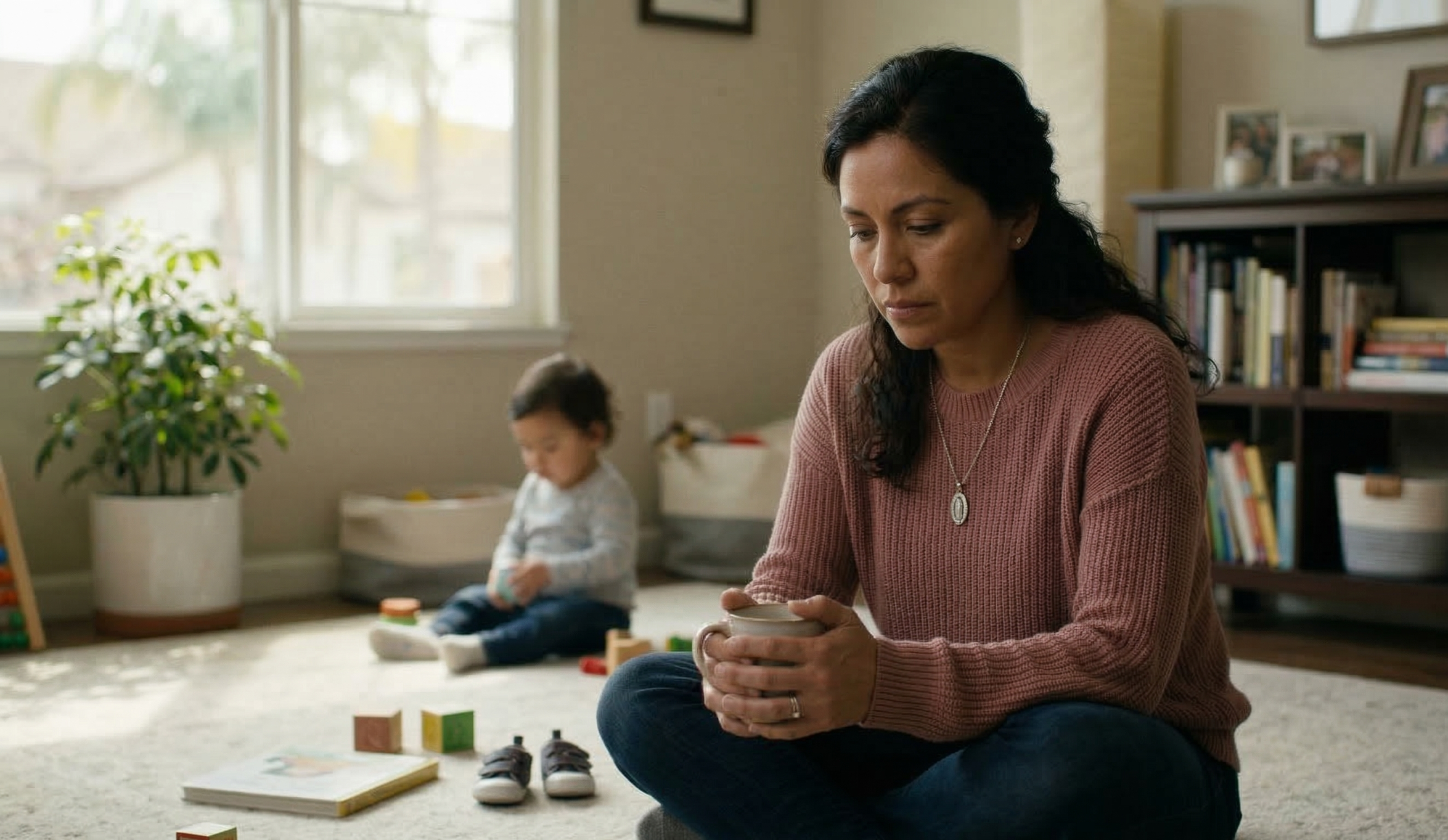 A woman sitting on the floor holding a mug, experiencing the heavy mental load of parenting, illustrating somatic therapy for moms in San Marcos, California.
