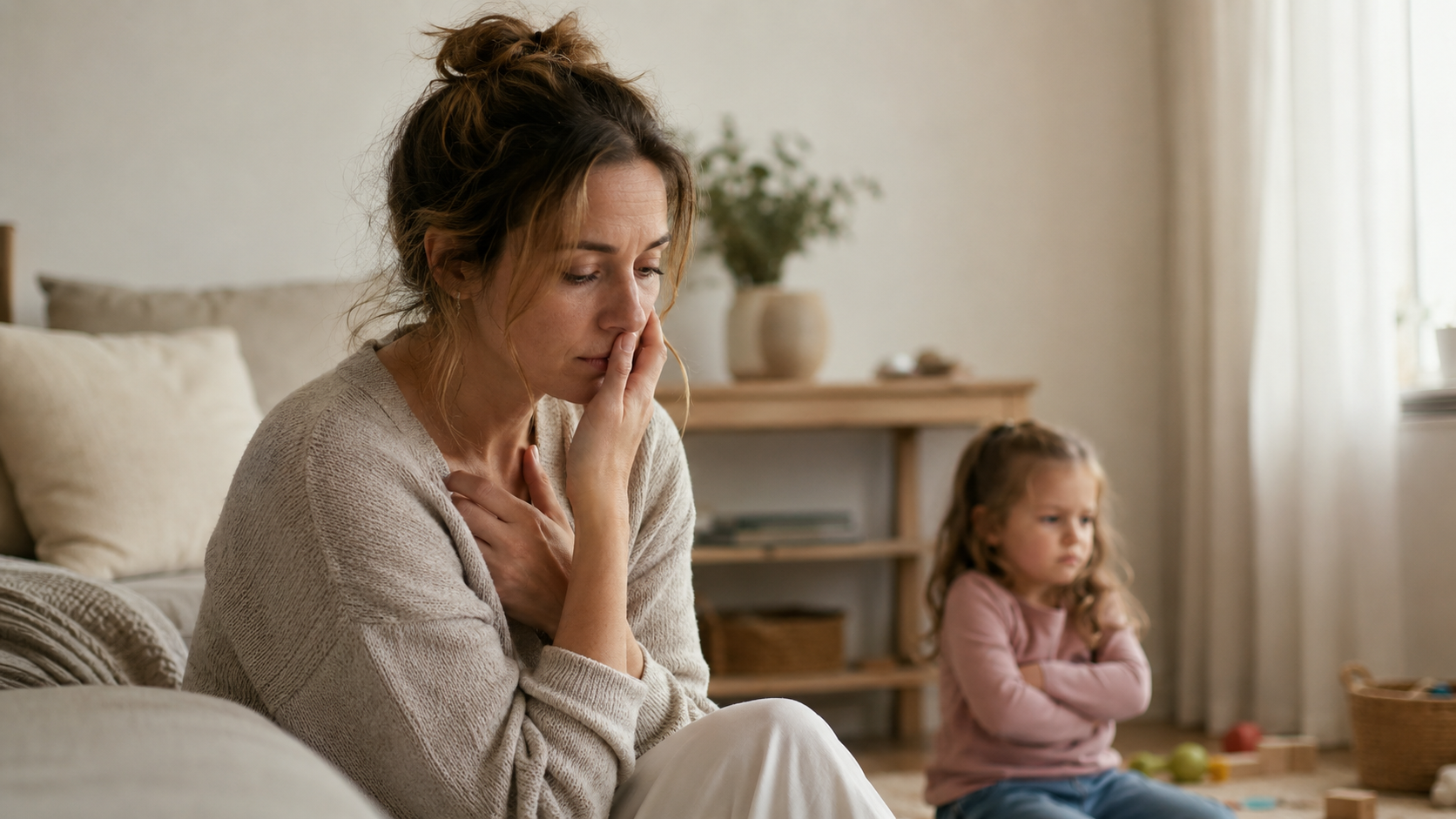 A mother sits quietly with her hand on her chest while her young daughter looks upset in the background, reflecting the question, “Why am I so resentful of my child’s emotions?” and emotional overwhelm in motherhood.
