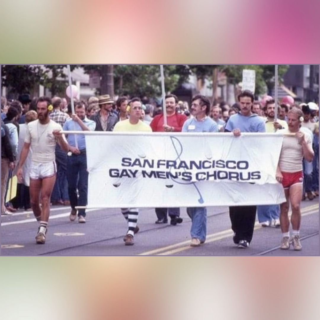 Kimo, on left with yellow pua behind ear, with other members of SF Gay men's Chorus at SF Pride 1981.