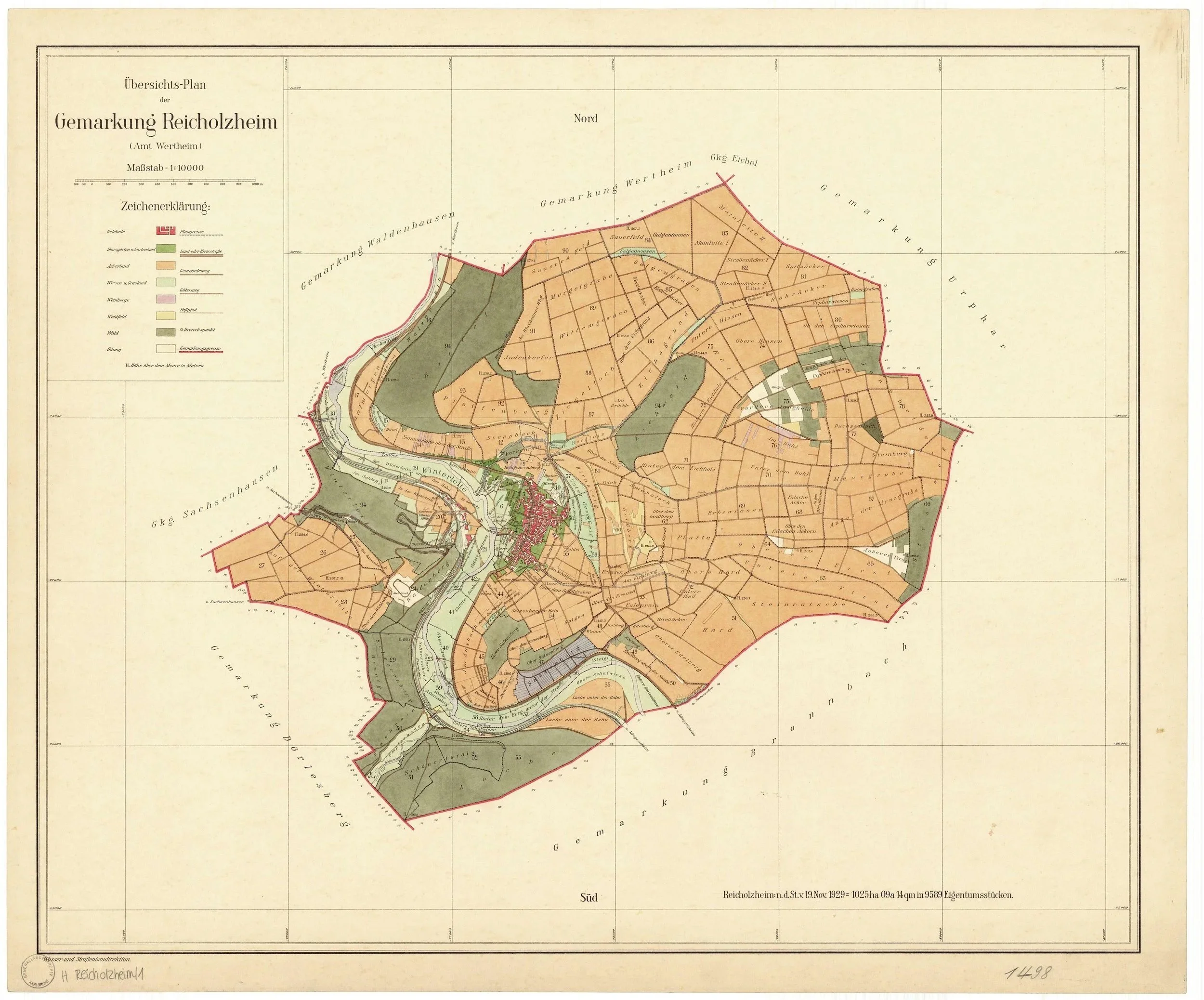 Karte der Gemarkung Reicholzheim mit verschiedenen farblich markierten Flächen und einer Legende auf der linken Seite.