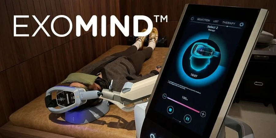 A client receives repetitive transcranial magnetic stimulation (rTMS) with ExoMind therapy, available at MATTR Biowellness Club in Austin, TX.
