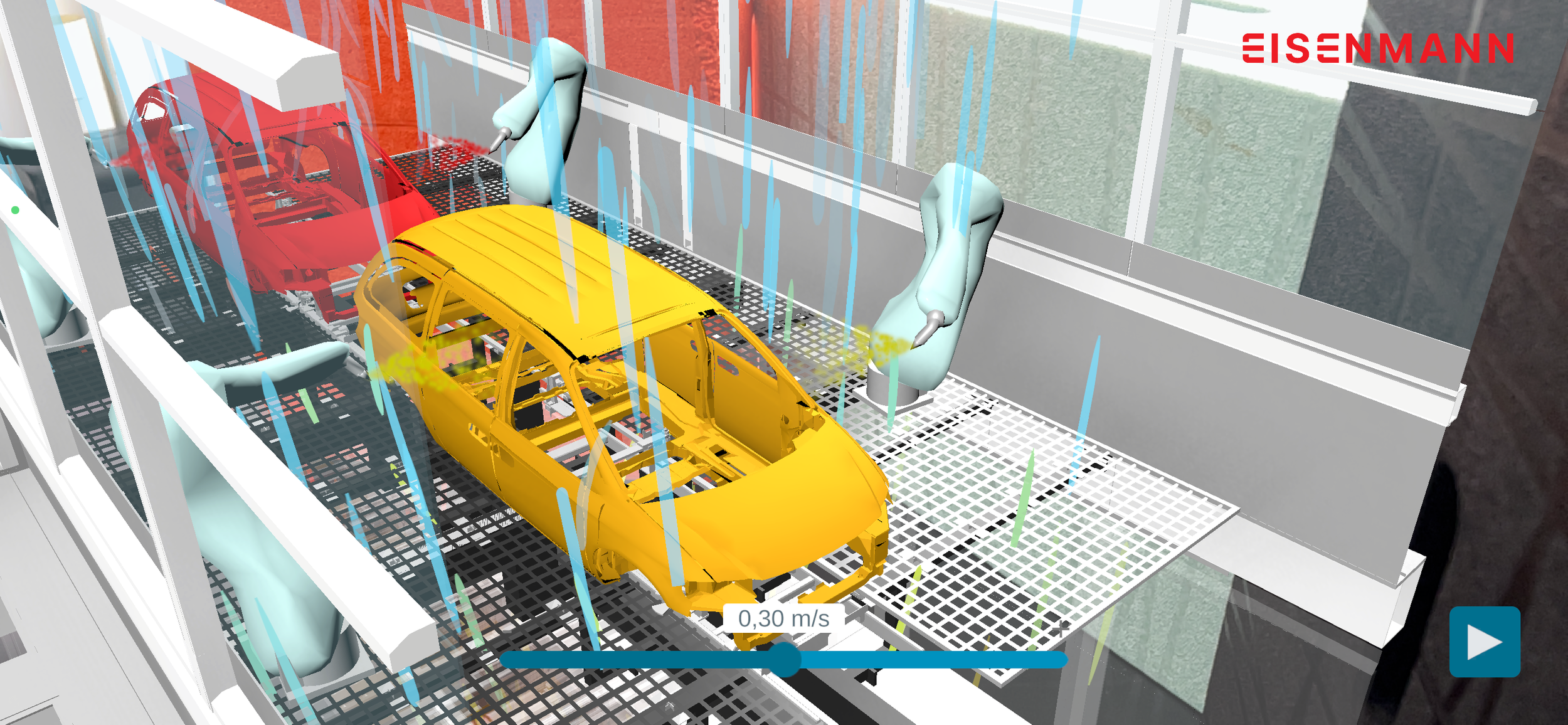 Interaktive 3D-Web-App von Eisenmann mit Blick in die Spritzkabine – gelbe Fahrzeugkarosserie, Lackierroboter und visualisierte Luftströmung bei 0,30 m/s Sinkgeschwindigkeit