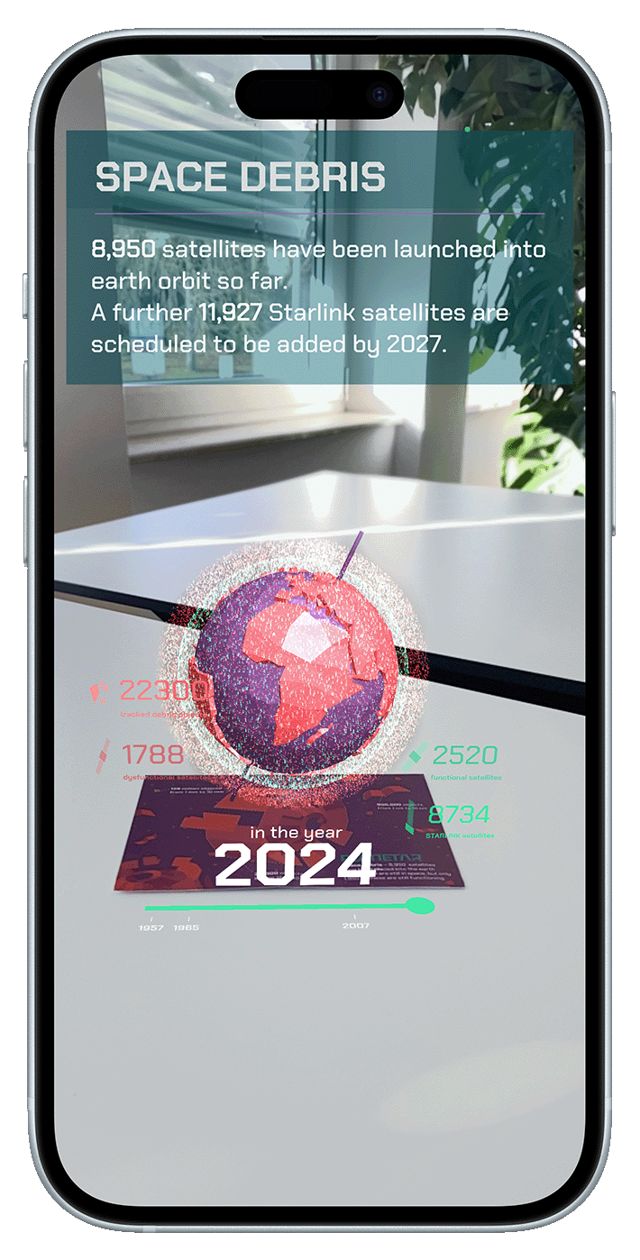 Smartphone-Mockup der planetar App mit 3D-Animation zum Thema Weltraumschrott