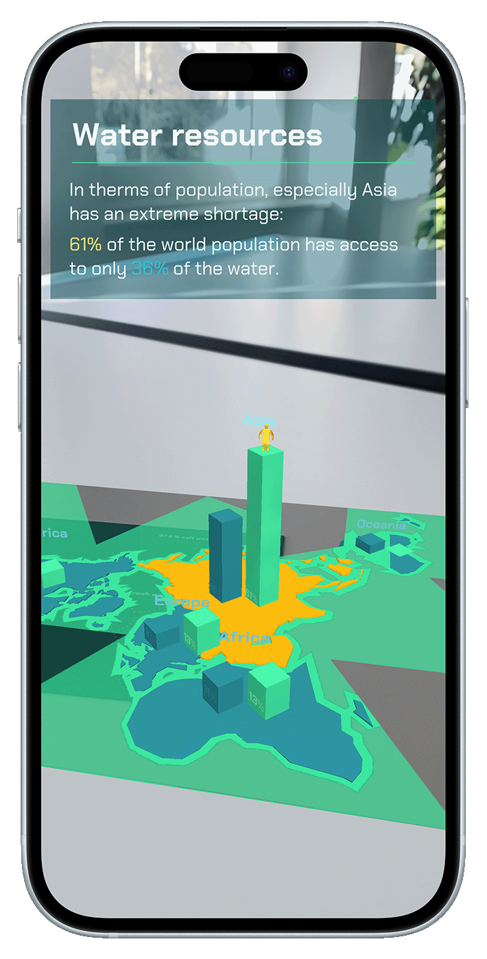 Smartphone-Mockup der planetar App mit 3D-Animation zum Thema Wasserressourcen