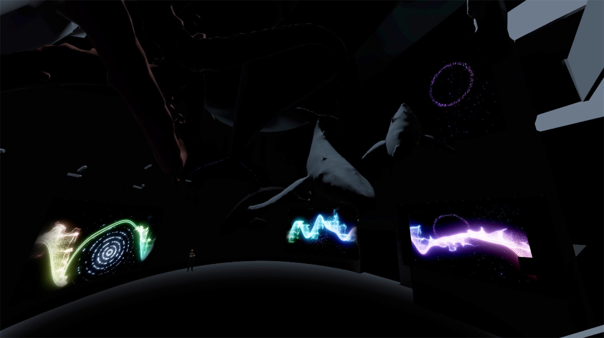 Screenshot aus dem Digitalen Zwilling: Per VR-Brille konnte der Raum inklusive Projektionsflächen noch vor Aufbau erkundet werden