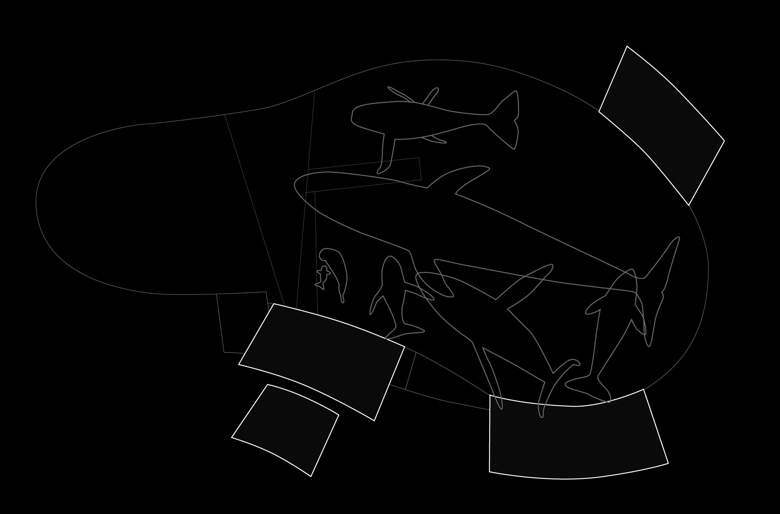 Ein Grundriss zeigt die schematische Verteilung von Exponaten und Projektionsflächen im Raum