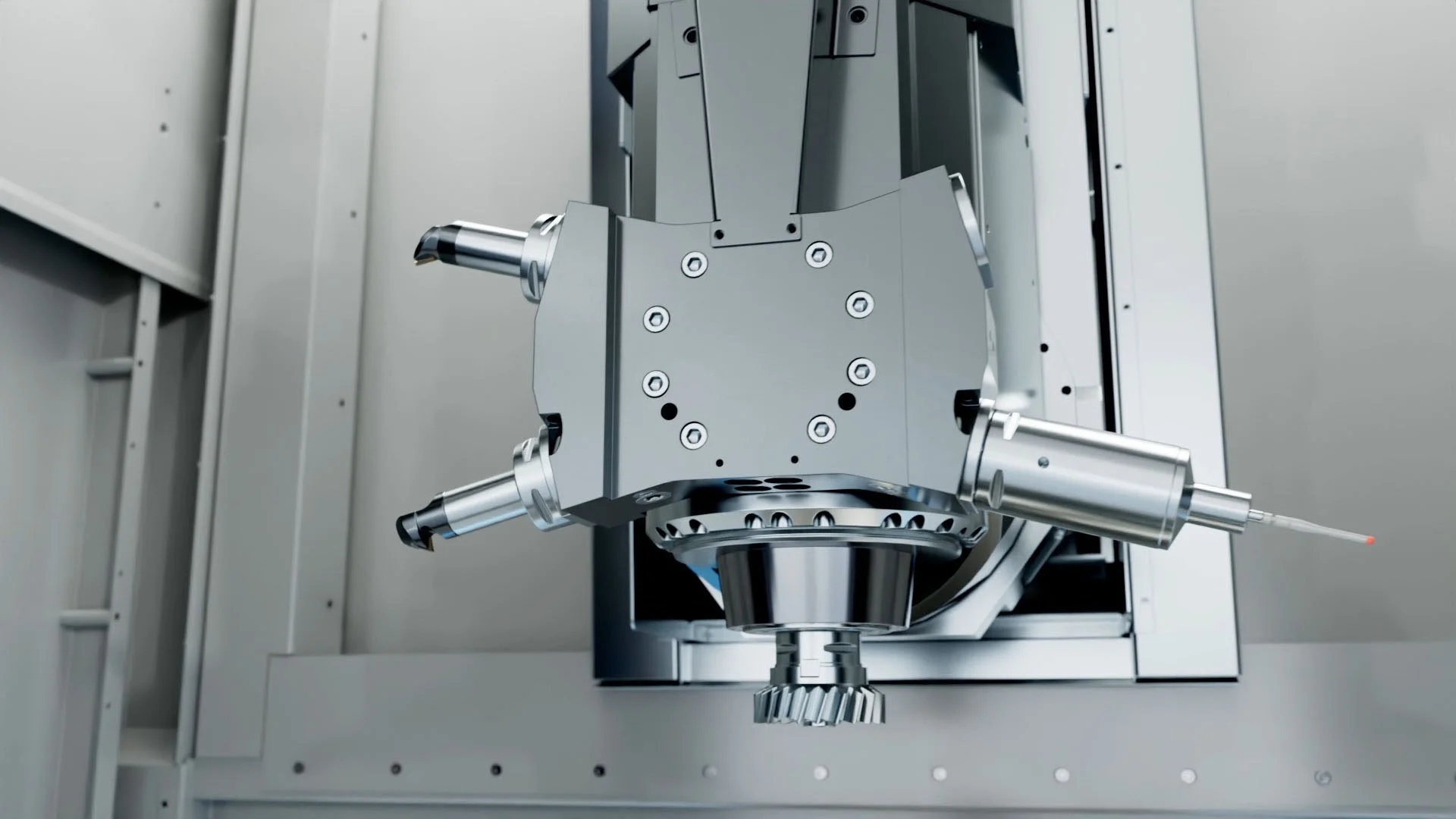 Detailliertes Rendering einer DVS Maschine für die EMO 2023 Messe, die Effizienz und Design der Maschinen eindrucksvoll zeigen.