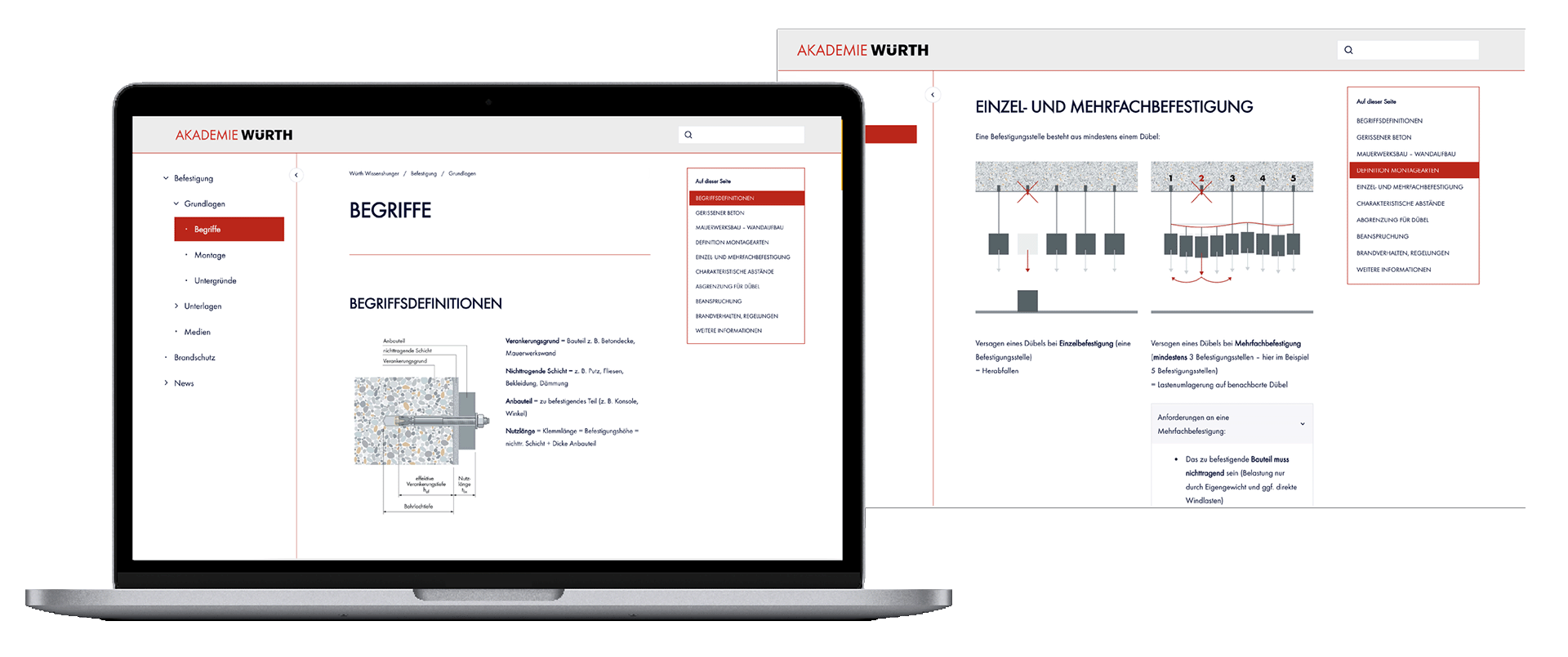 Digitale Wissensdatenbank knowHERE für die Akademie Würth – Links Inhaltsseite zu Begriffsdefinitionen im Bereich Befestigung. Rechts Lerneinheit zu Einzel- und Mehrfachbefestigung.