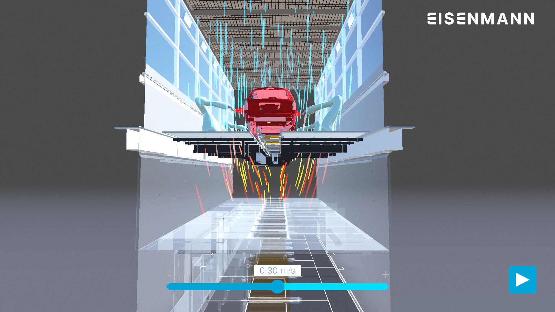 Innenansicht der Lackieranlage in der 3D-Web-App mit Fahrzeugkarosserie, Lackierrobotern und nach unten zu den E-Cube-Filtern geführter Luftströmung