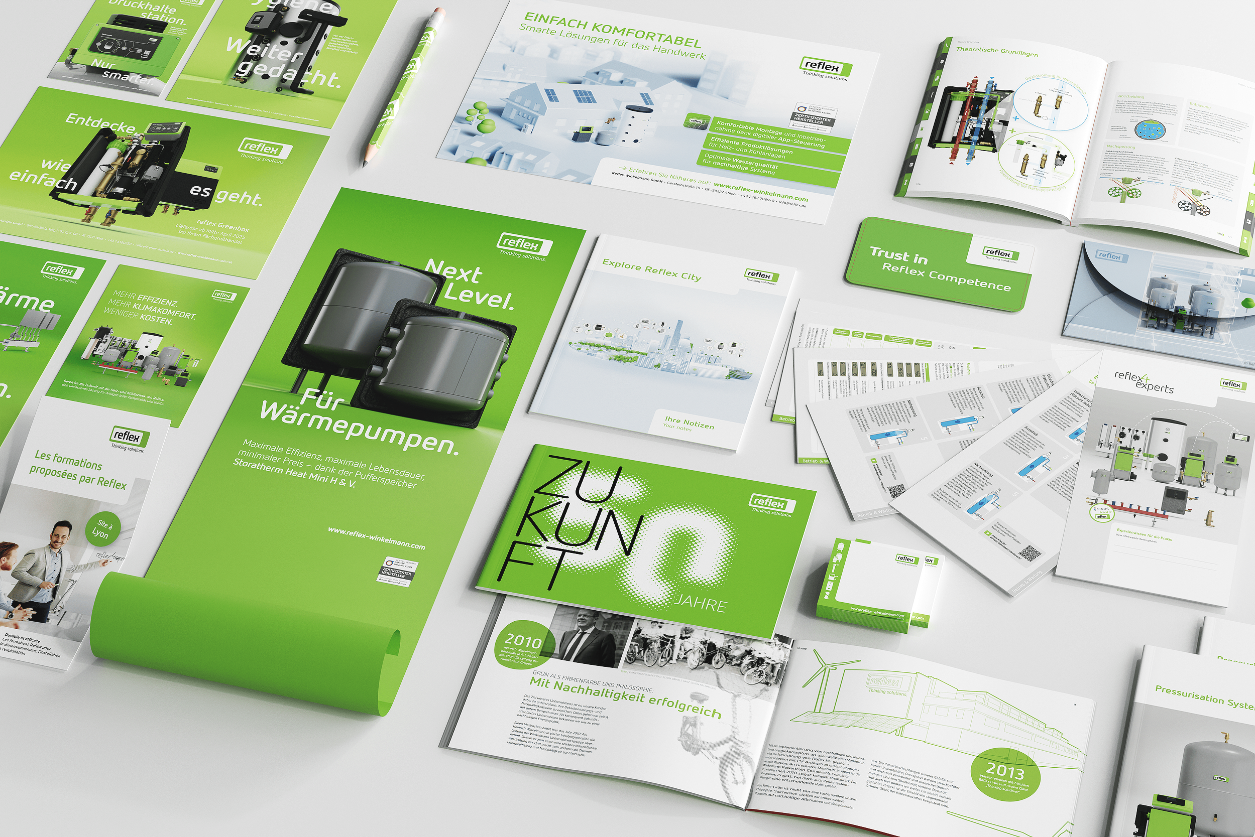 Ansicht diverser Printmedien im konsequent geführten Reflex Corporate Design