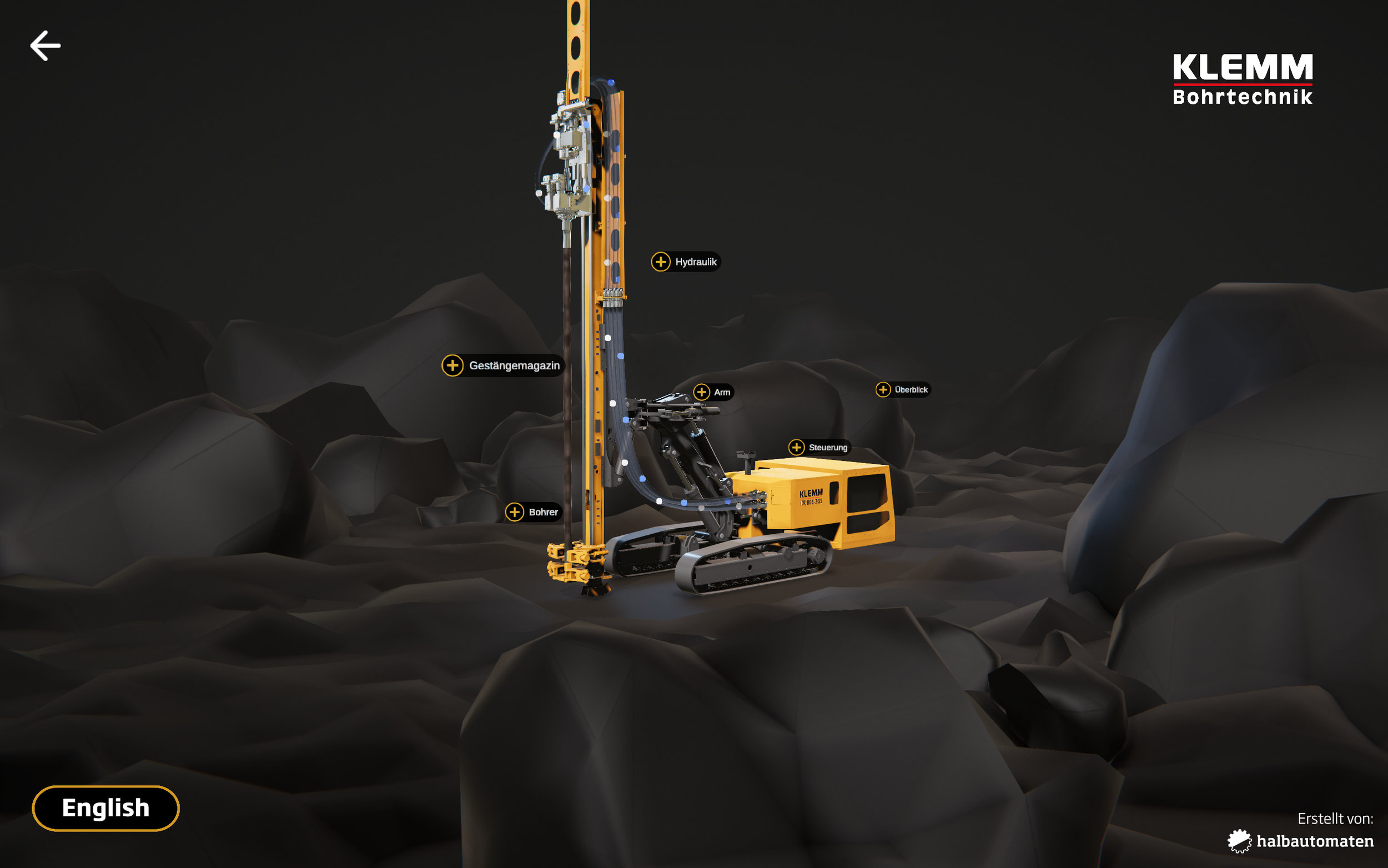 Digitale Maschinenpräsentation für Klemm Bohrtechnik – Gesamtansicht des Ankerbohrgeräts als interaktive 3D-Darstellung