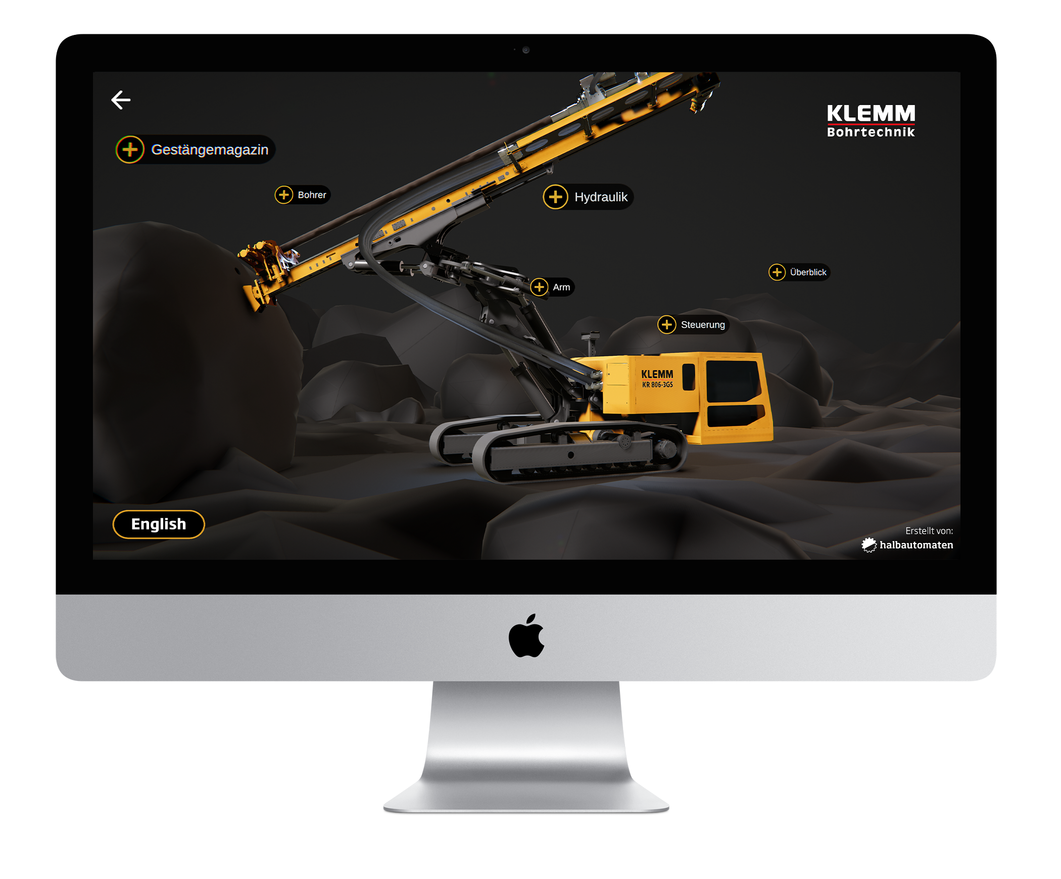 WebGL-Maschinenpräsentation für Klemm Bohrtechnik auf Desktop – interaktives 3D-Modell eines Ankerbohrgeräts mit Hydraulik- und Gestängemagazin-Hotspots