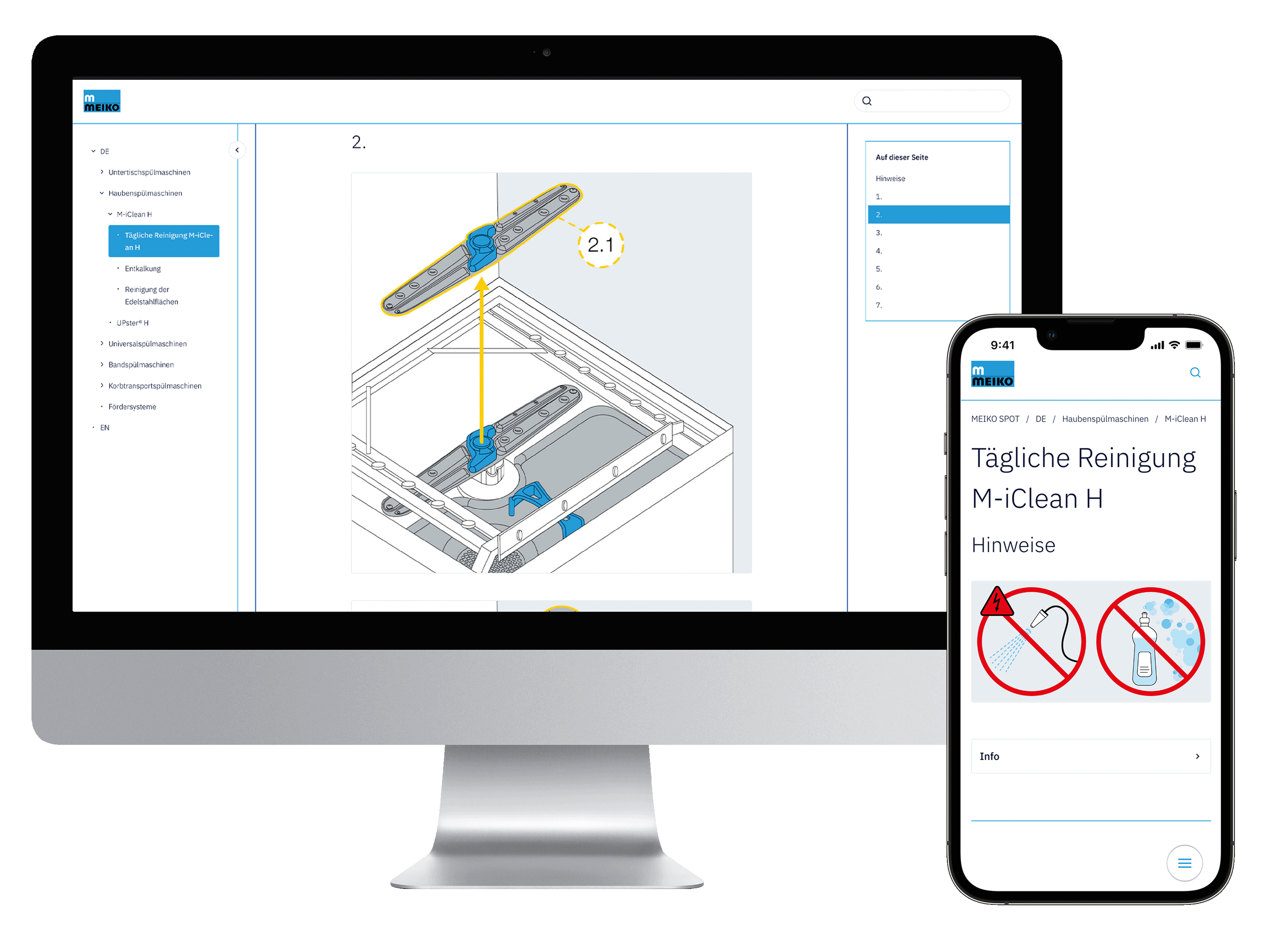 Digitale Wissensdatenbank knowHERE für MEIKO – Gesamtansicht der interaktiven E-Learning Plattform auf Desktop und Smartphone