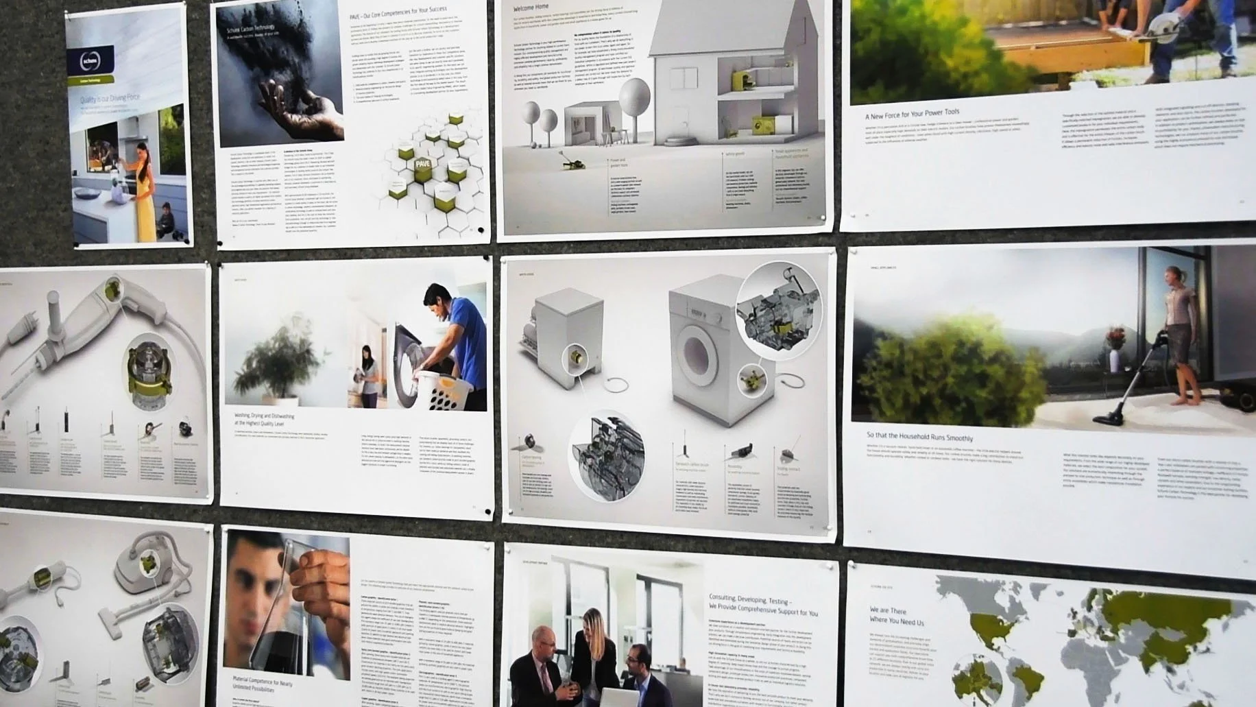 Doppelseiten-Übersicht der Schunk-Broschüre mit Renderings, Stock-Footage und Infografiken