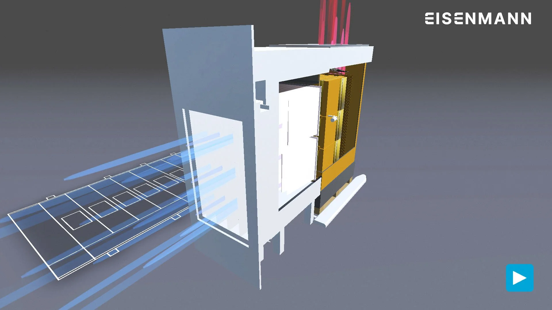 3D-Darstellung eines geöffneten E-Cube-Moduls beim Filterwechsel
