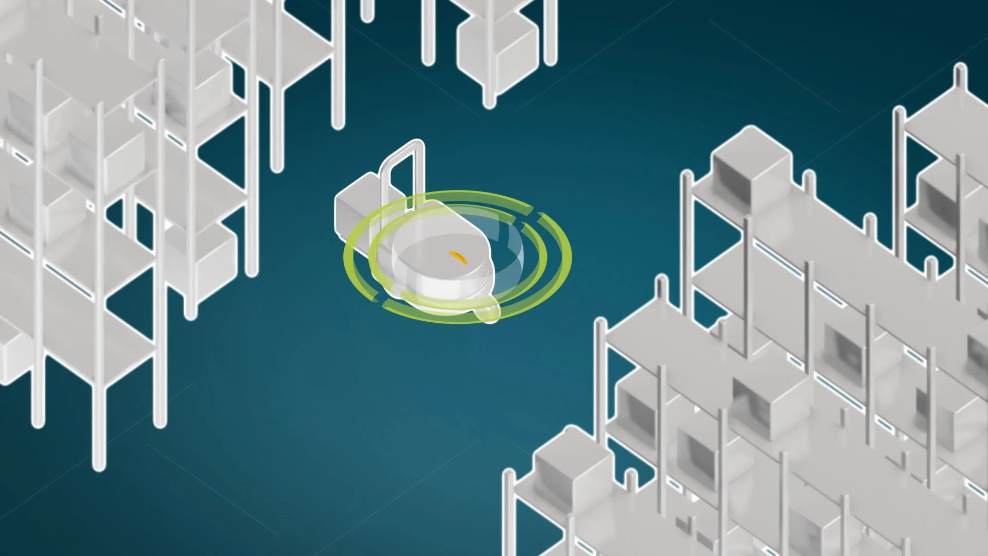 Isometrische Fabrikhalle mit autonomem mobilem Roboter und grünen Funkwellen als Symbol für industrielles 5G