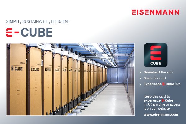 Gedruckte Anker-Karte der E-Cube Augmented-Reality-App mit Foto der Filtermodule, App-Icon und Anleitung zum Scannen und Starten der AR-Anwendung