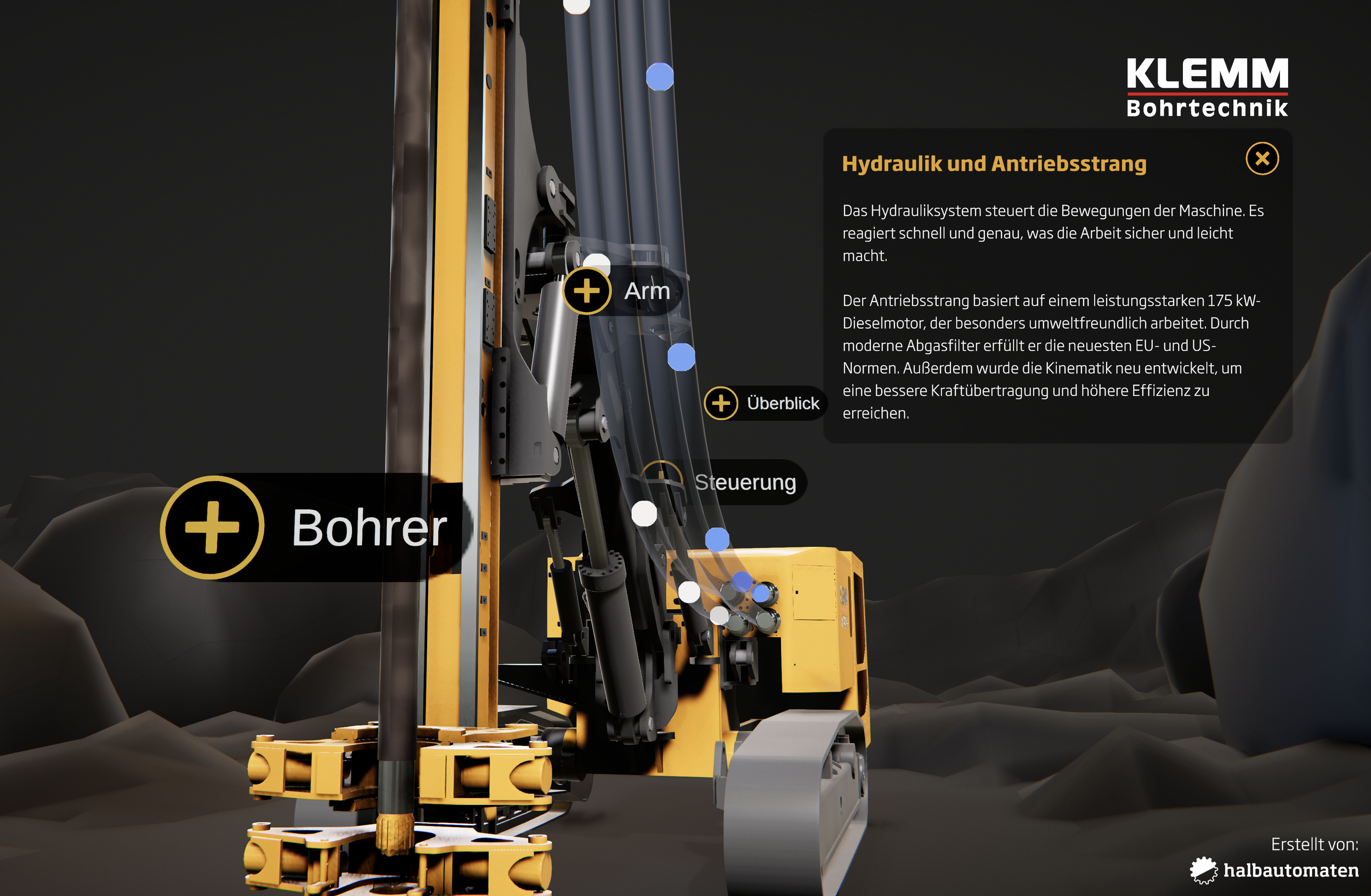 WebGL-Maschinenpräsentation für Klemm Bohrtechnik – Detailansicht Hydraulik und Antriebsstrang des Ankerbohrgeräts